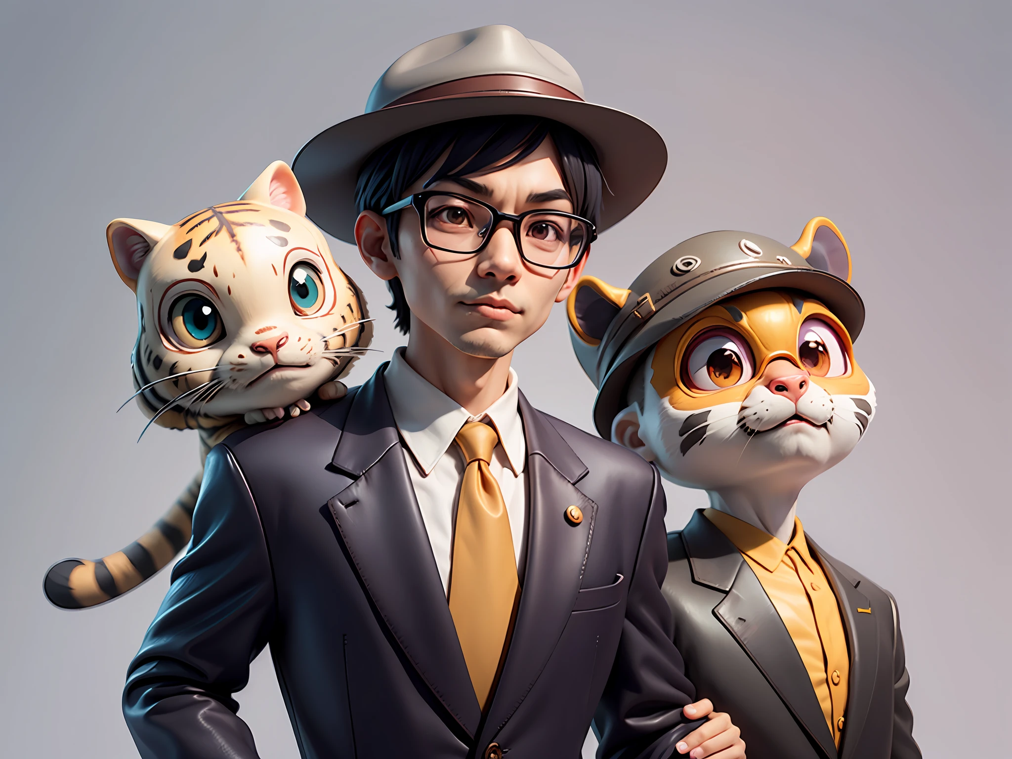Young man with oriental face in leather hat, tiger, oriental face in formal suit, short black hair, silver glasses, digital painting, 3D character design by Mark Clairedon and Pixar and Hayao Miyazaki and Akira Toriyama, the illustration is a high-definition illustration in 4K resolution with very detailed facial features and cartoon-style visuals.
