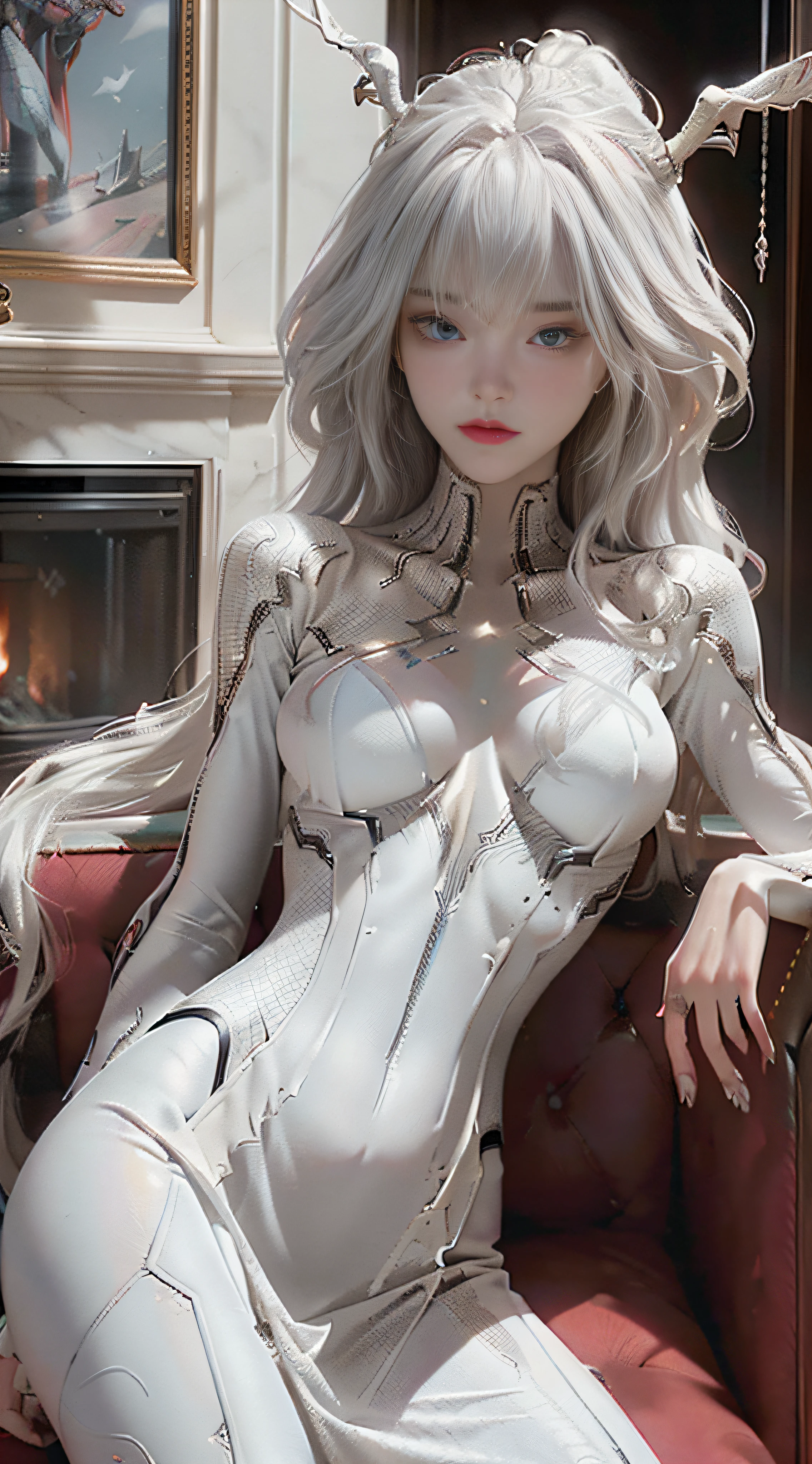 (Extreme Detail CG Unity 8K wallpaper, masterpiece, highest quality), (Exquisite lighting and shadow, highly dramatic picture, Cinematic lens effect), a girl in a white Spider-Man costume, silver gray hair color, from the Spider-Man parallel universe, Wenger, Marvel, Spider-Man, sitting on the couch, dynamic pose), (excellent detail, excellent lighting, wide angle), (excellent rendering, enough to stand out in its class), focus on white Spider-Man costumes, complex spider textures