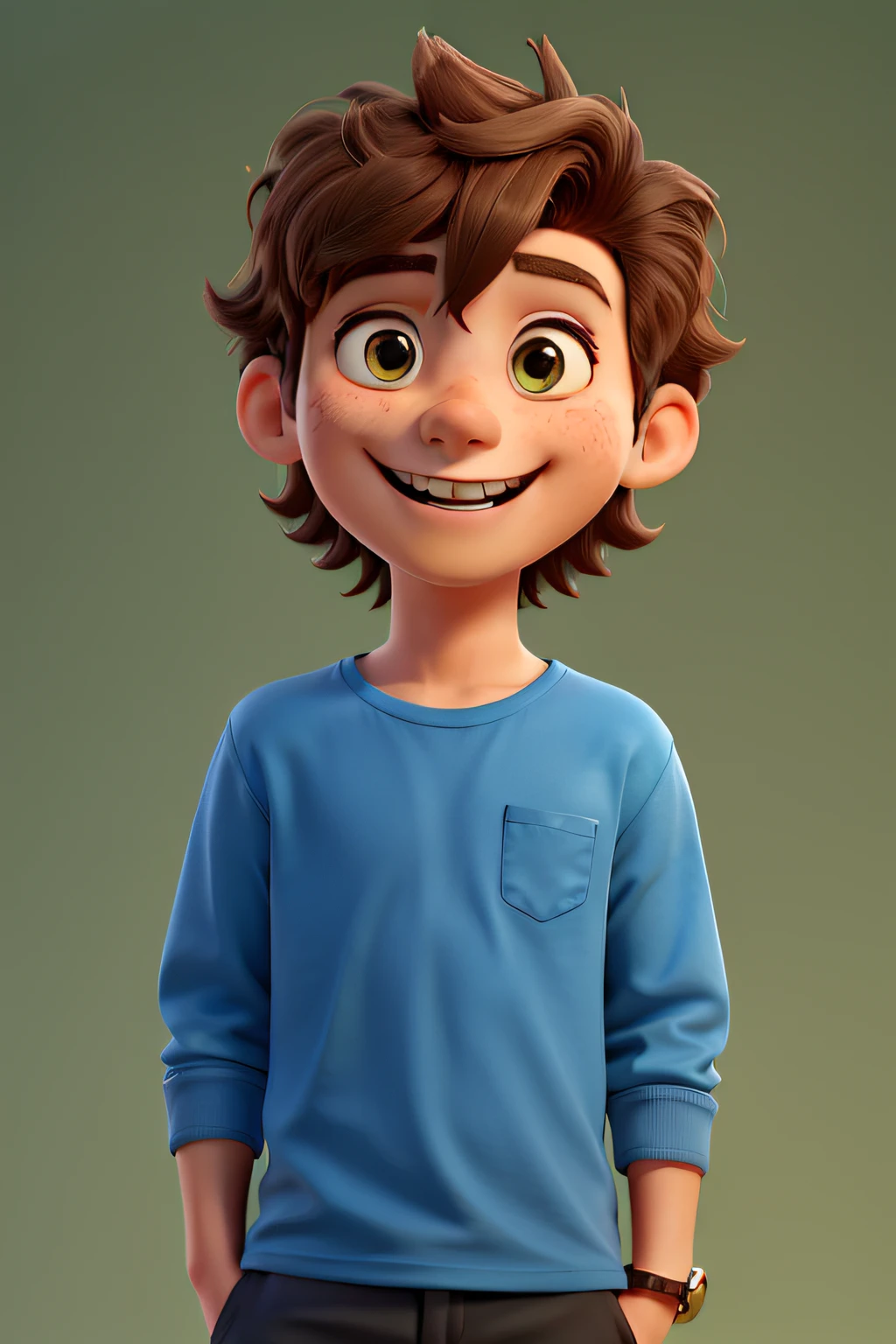 brown eyes, looking at viewer, school uniform, blue T-shirts, teeth, smile, grin, upper body, solo, long sleeves, , brown hair, 1boy, short hair, green background
