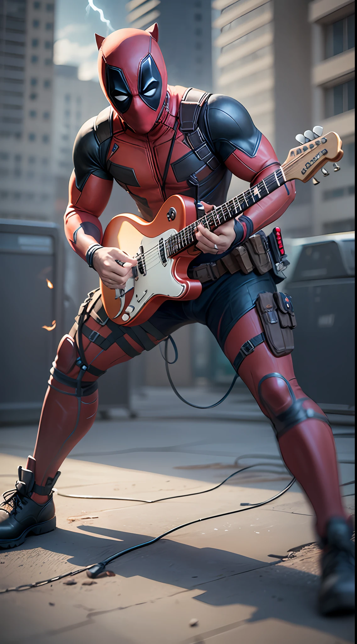 deadpool plays guitar.  Professional photograph of a stunning man detailed, cinematic lightning, octane render, unreal engine, volumetrics dtx