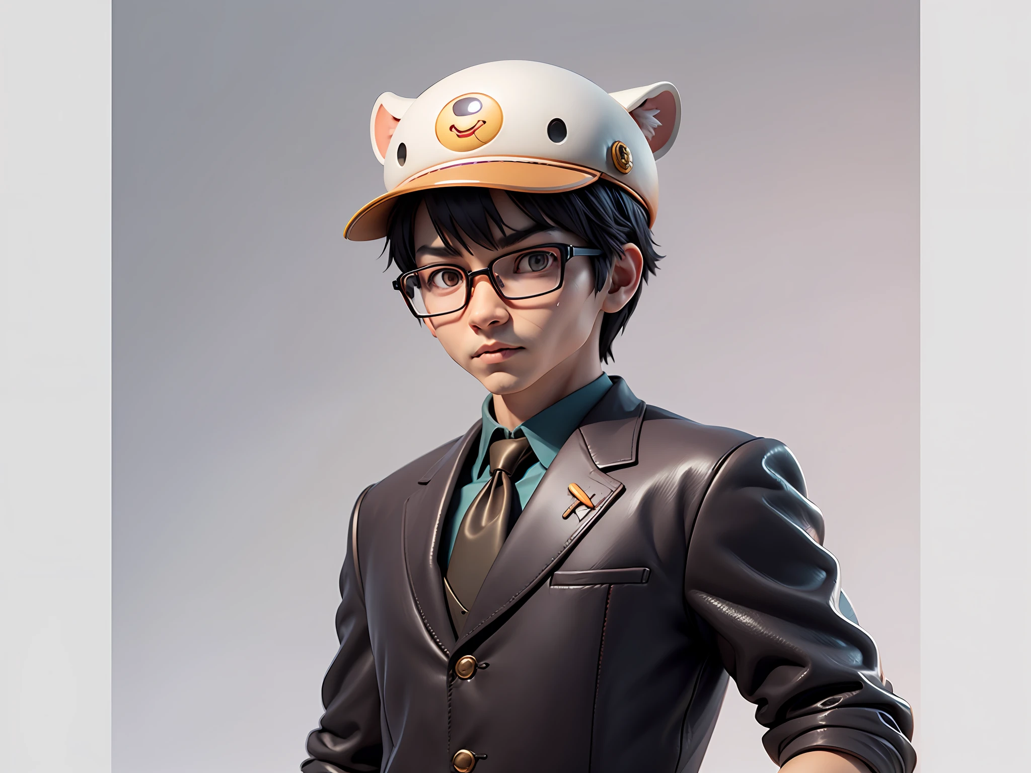 Young man with oriental face in leather hat, tiger, oriental face in formal suit, short black hair, silver glasses, digital painting, 3D character design by Mark Clairedon and Pixar and Hayao Miyazaki and Akira Toriyama, the illustration is a high-definition illustration in 4K resolution with very detailed facial features and cartoon-style visuals.