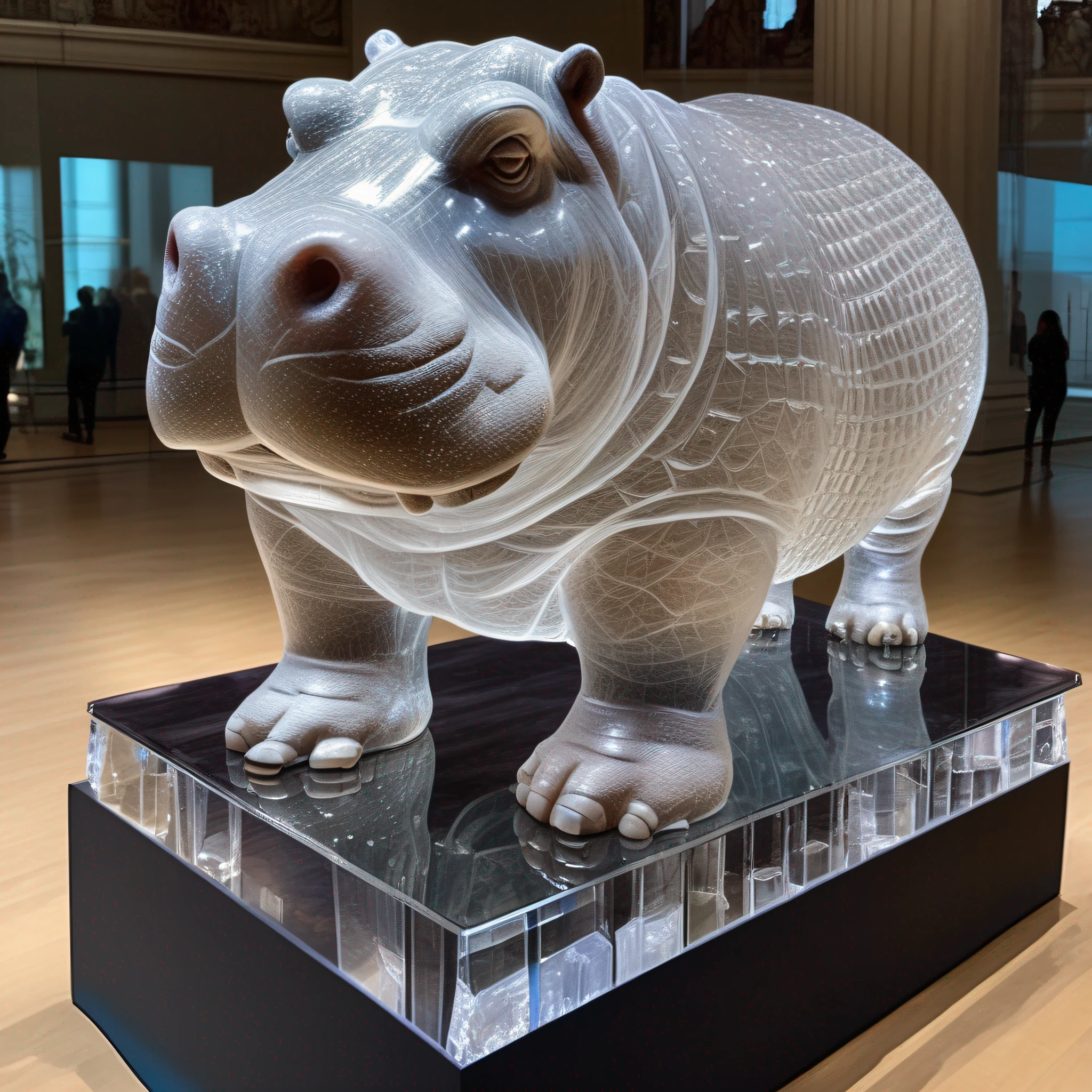 instagram photo, statue of a hippopotamus in transparent crystal, wide angle, hyper detailed, crystal eyes, studio photo, made of ornate transparent crystal, on an exhibition altar, museum background