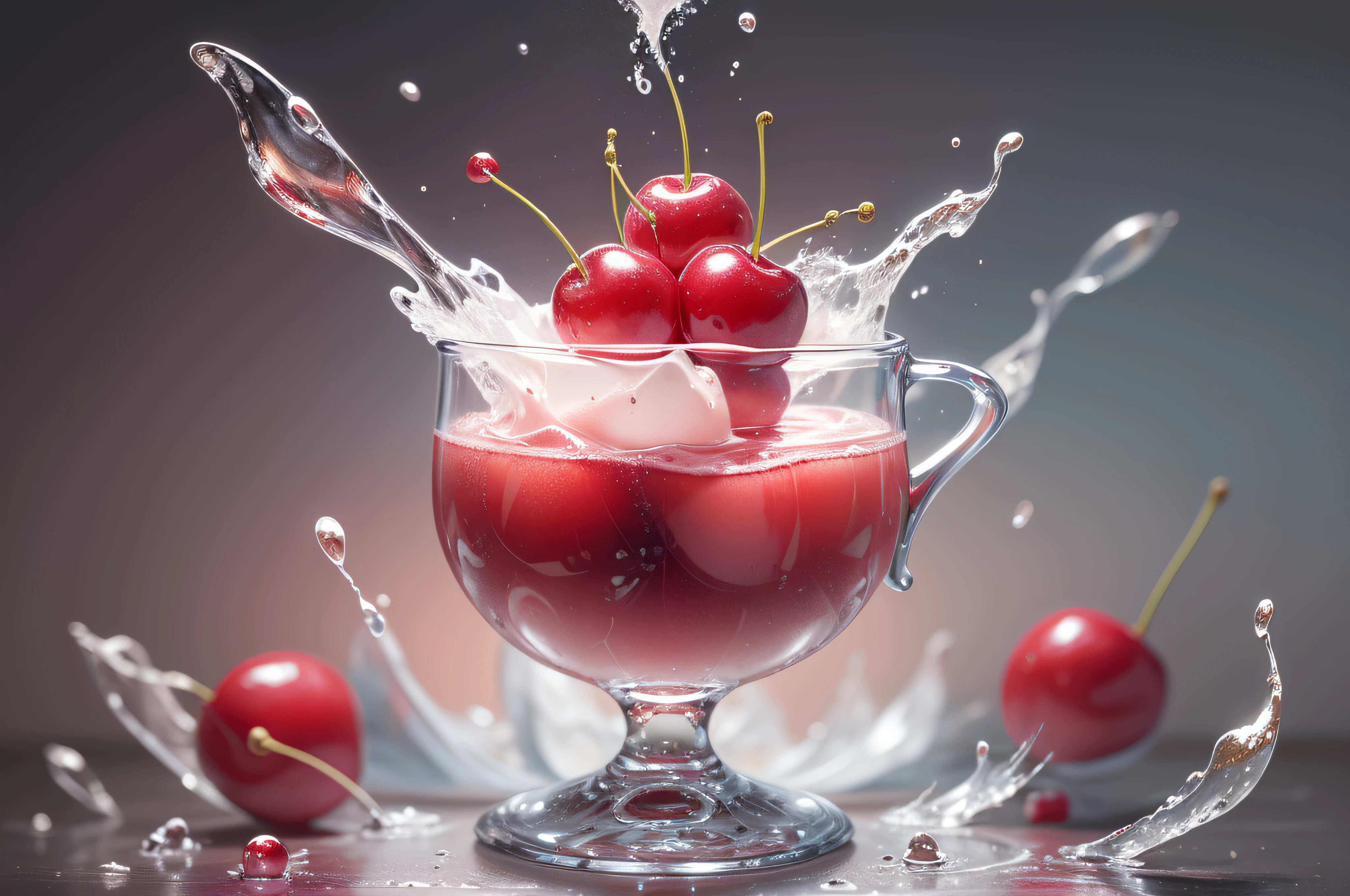 {{A series of dynamic and captivating product photographs featuring cherries falling into a glass of milk}}}. The images should showcase the {fantastic} and {intricate} nature of the cherries' motion as they create {splatters} and {ripples} in the milk}}}. The environment/background should be {clean and minimalistic}, providing {a sleek and elegant setting} for the product to shine}}}. The photographs should be in a style that {exudes {realism} and {vibrancy}}, capturing the {full range of colors, textures, and details} in the cherries and milk}}}. The camera shots, captured with {a fast shutter speed} and a {macro lens}, will freeze the cherries in action, allowing for {precise and detailed} shots that highlight {the cherries' {dynamic} and {energetic} movement} as they interact with the milk}}}. The lighting should be {dramatic and well-controlled}, emphasizing {the shapes, colors, and highlights} of the cherries and milk}}}. The desired level of detail is {high}, with a {high-resolution} resolution, ensuring {the cherries and milk are rendered with utmost clarity and realism}}}. The goal is to create {an epic} series of product photographs that {capture the viewers' attention} and {convey a sense of excitement and indulgence} associated with cherries and milk.