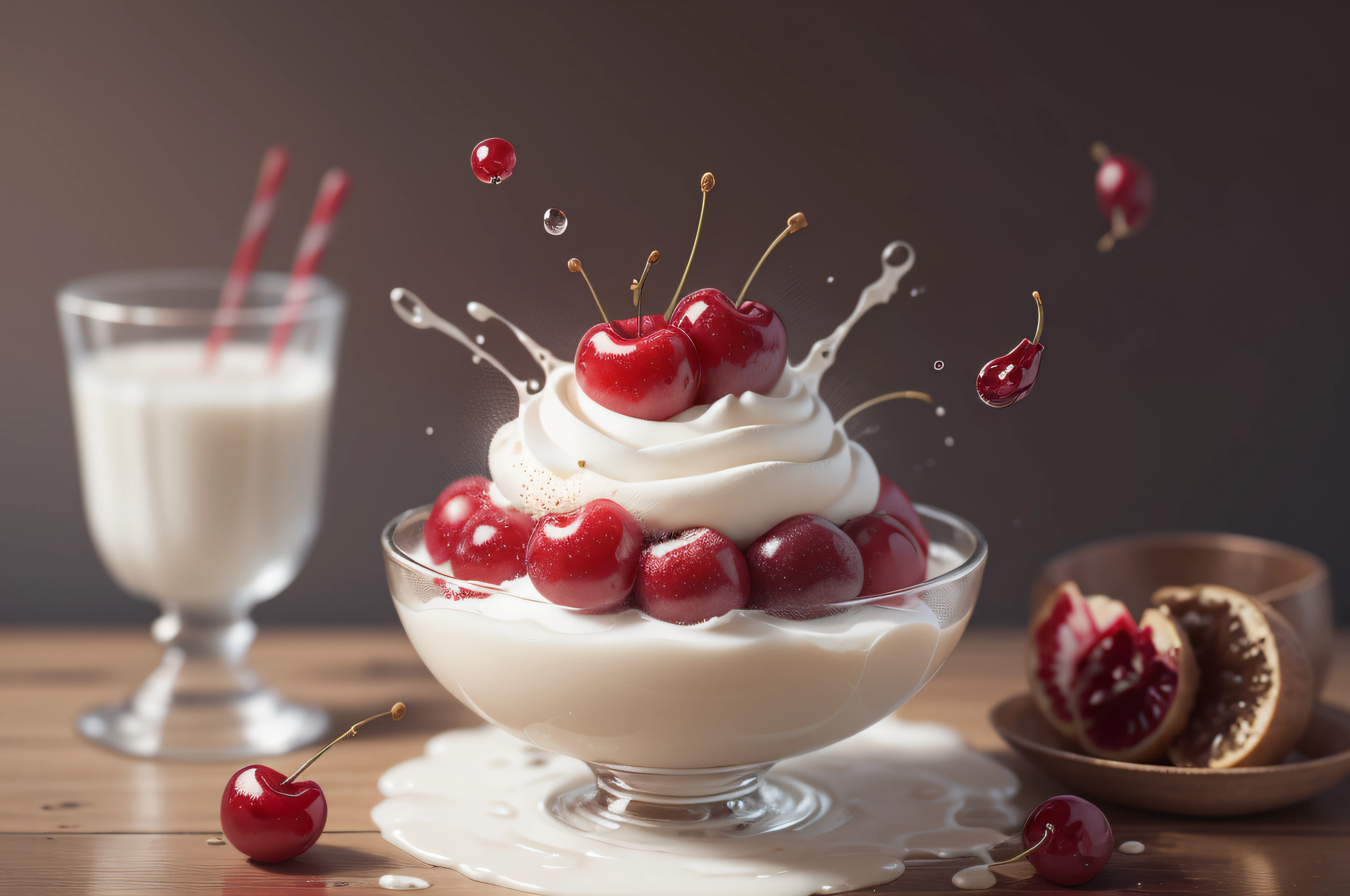 {{A series of dynamic and captivating product photographs featuring cherries falling into a glass of milk}}}. The images should showcase the {fantastic} and {intricate} nature of the cherries' motion as they create {splatters} and {ripples} in the milk}}}. The environment/background should be {clean and minimalistic}, providing {a sleek and elegant setting} for the product to shine}}}. The photographs should be in a style that {exudes {realism} and {vibrancy}}, capturing the {full range of colors, textures, and details} in the cherries and milk}}}. The camera shots, captured with {a fast shutter speed} and a {macro lens}, will freeze the cherries in action, allowing for {precise and detailed} shots that highlight {the cherries' {dynamic} and {energetic} movement} as they interact with the milk}}}. The lighting should be {dramatic and well-controlled}, emphasizing {the shapes, colors, and highlights} of the cherries and milk}}}. The desired level of detail is {high}, with a {high-resolution} resolution, ensuring {the cherries and milk are rendered with utmost clarity and realism}}}. The goal is to create {an epic} series of product photographs that {capture the viewers' attention} and {convey a sense of excitement and indulgence} associated with cherries and milk.