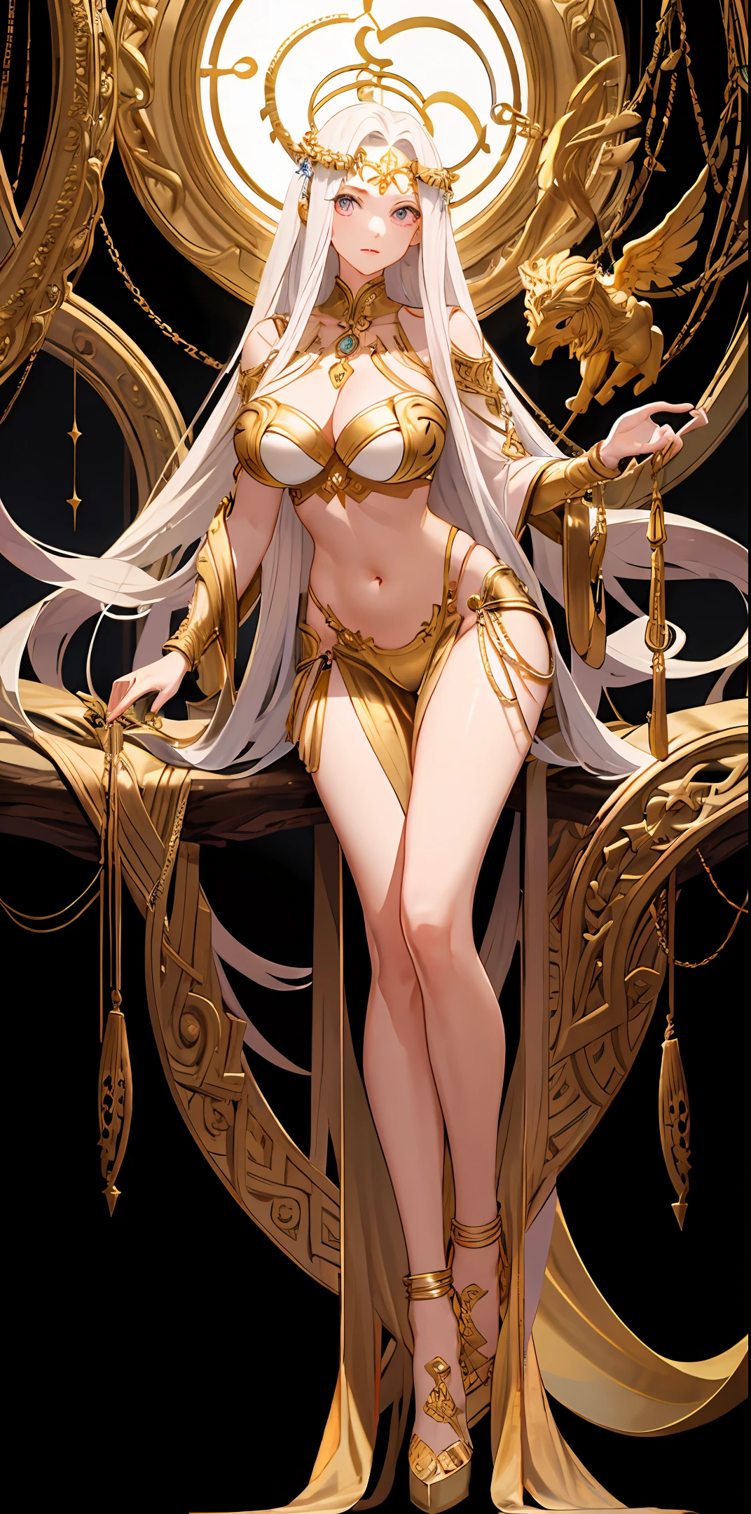 whaite hair，Tall，Full body like，Long legs，long whitr hair，golden ornaments，belly-bar，huge tit，Medusa，Real Human