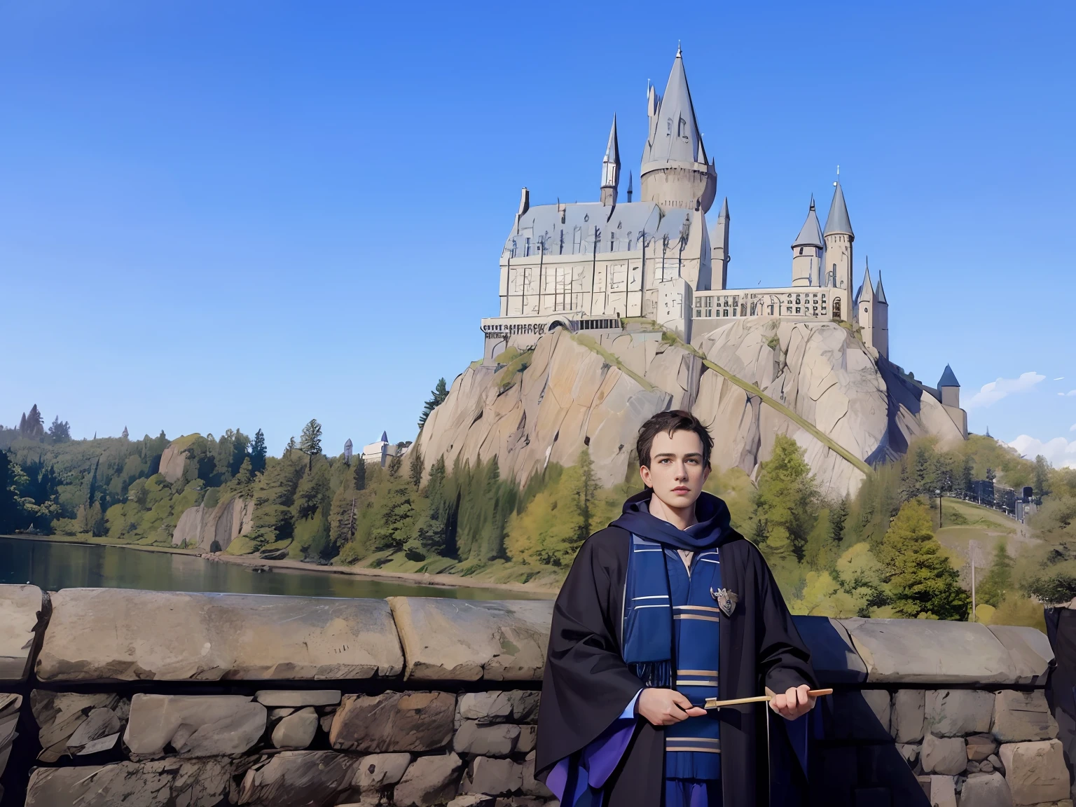 Harry Potter wore magical robes，Stand in front of Hogwarts House Castle，Wand in hand，Handsome，rays of sunshine，serious