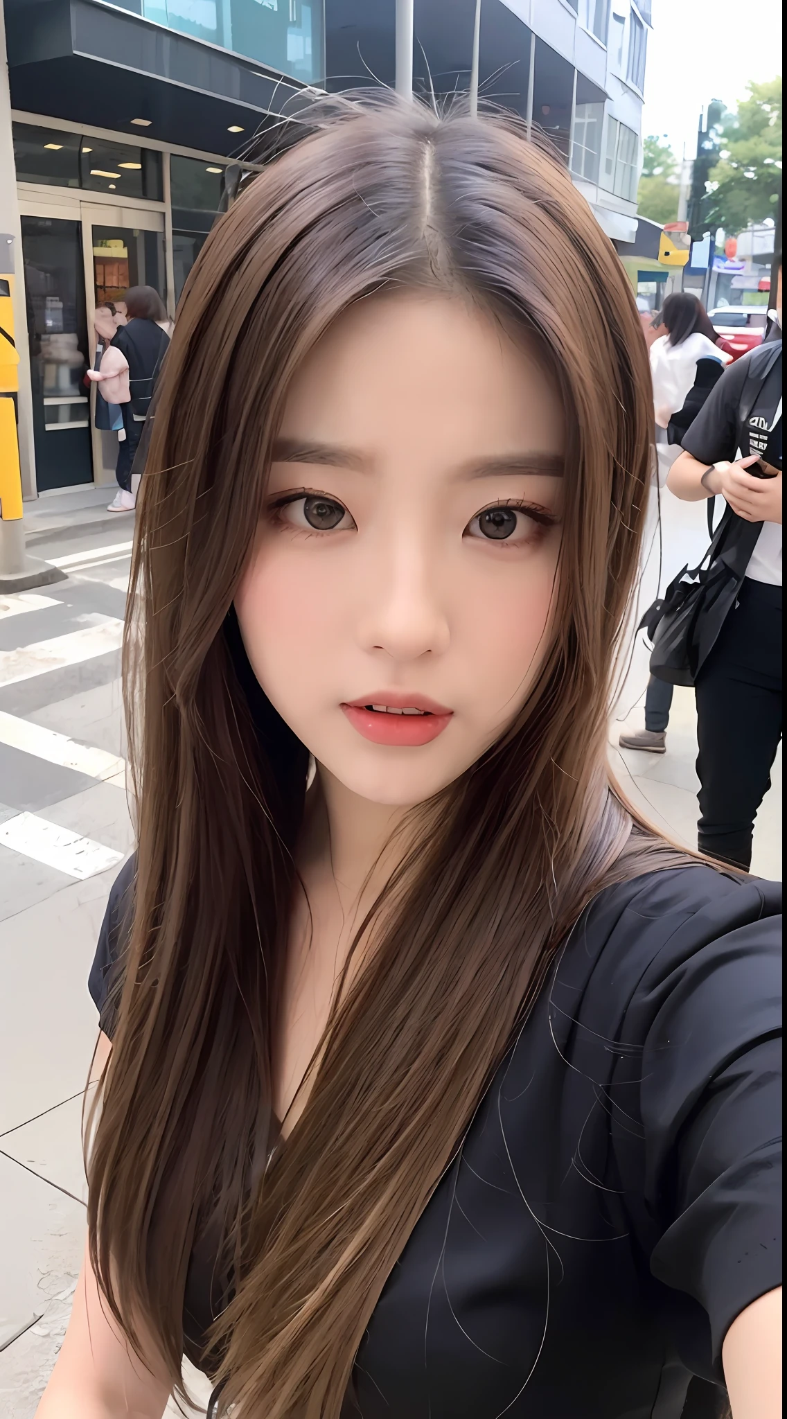 ((Best quality, 8K, Masterpiece :1.3)), Sharp focus :1.2, perfect figure beautiful woman:1.4, Slim abs:1.2, ((Layered Hair Style, mischievous expression:1.2)), (Lolita costume:1.1 ), (the street:1.2), Highly detailed facial and skin texture, A detailed eye, 二重まぶた,Keep one's mouth shut,
