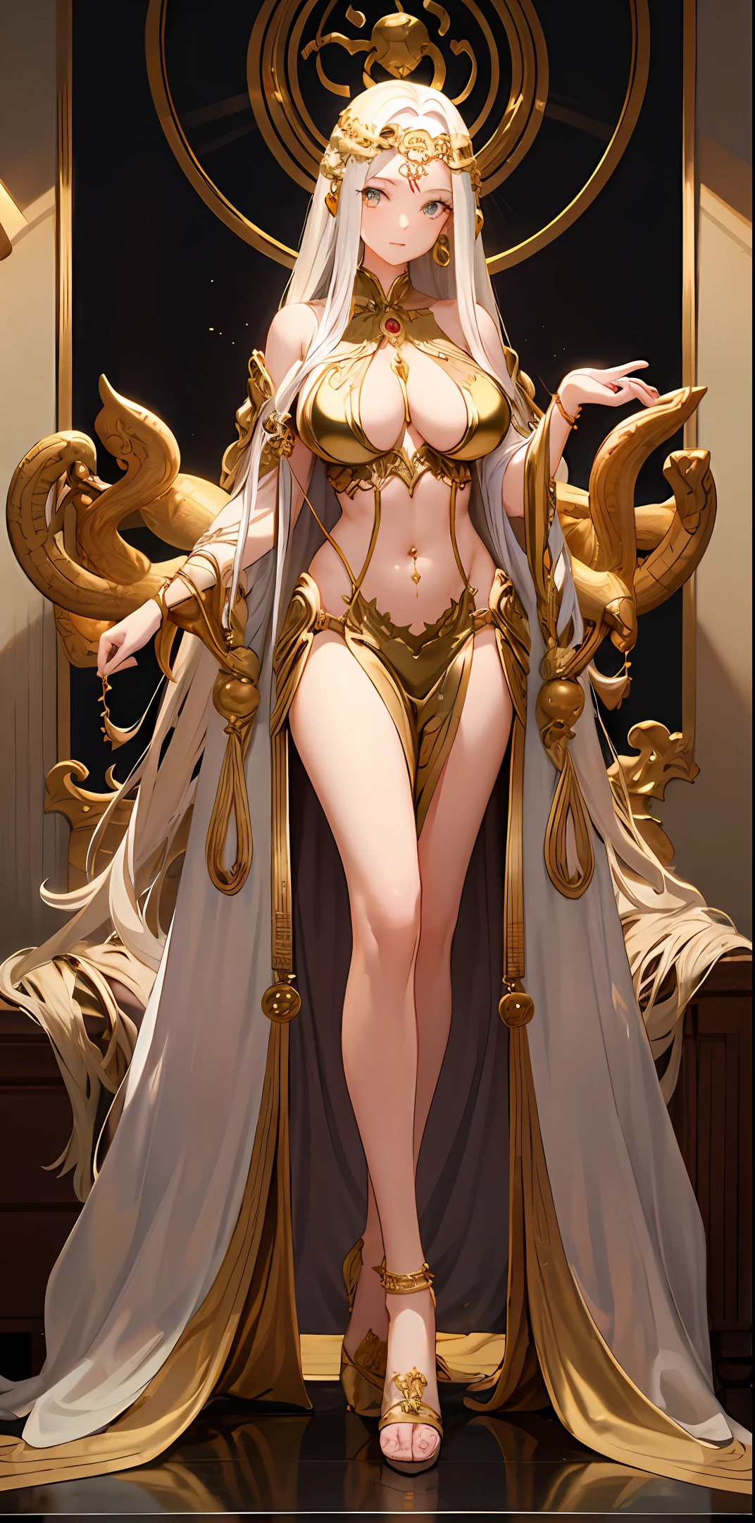 whaite hair,Tall,Full body like,Long legs,long whitr hair,golden ornaments,belly-bar,huge tit,Medusa,Real Human