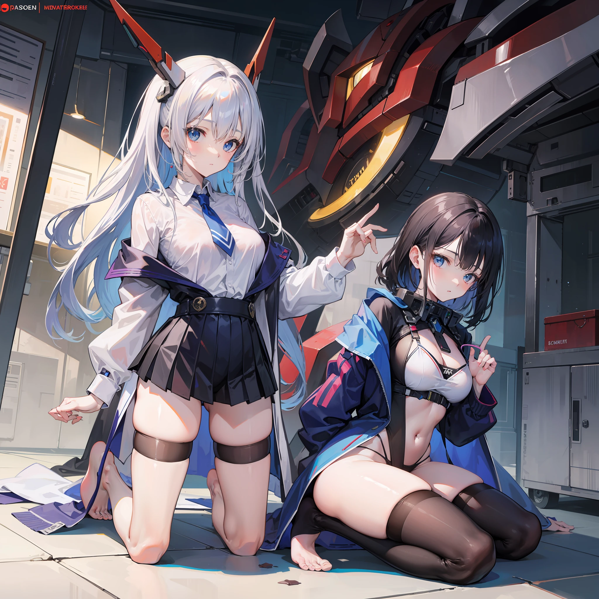 wearing a mecha,schoolgirls,Kneeling,Bare chest,Barefoot,black lence stockings,Perfect body structure