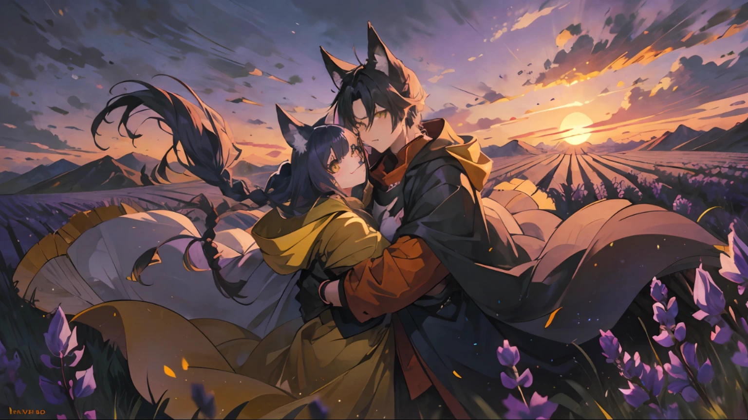 the setting sun, lavanda fields, hugs, Rolling peaks, Two people, a young man and a woman, Twist braids, Cloak, Battle damage, Wolf ears, Yellow eyes, Purple hair, fang out, Happy, Wide shot, Anime, Masterpiece, Best quality