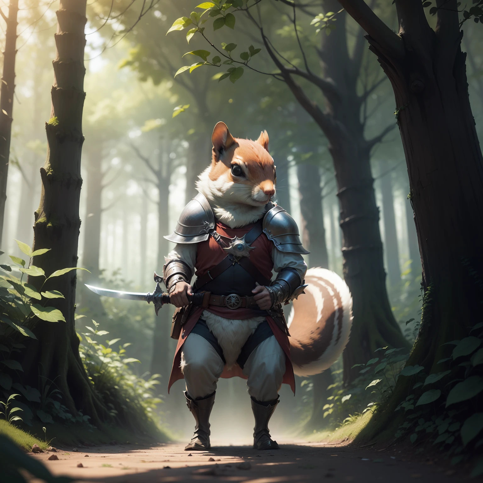 "(melhor qualidade, obra-prima), detalhes ultra-realistas, CG wallpaper with 8K resolution, a magical squirrel knight wielding a sword and magic, em um ambiente de fantasia com nuvens e floresta densa ao longe."