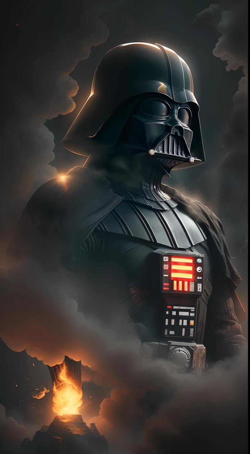 (A gloomy snapshot: 1.1), Epic Realistic, Gold Star Wars Darth Vader in a Red Smoke Cloud, soft cinematic light, Adobe Lightroom, Photo Lab, HDR, an intricate, Highly detailed, (Depth of field: 1,4), hyper-detailing (Artstation: 1,4), Cinematic, Warm light, Dramatic light (intricate details: 1,1)