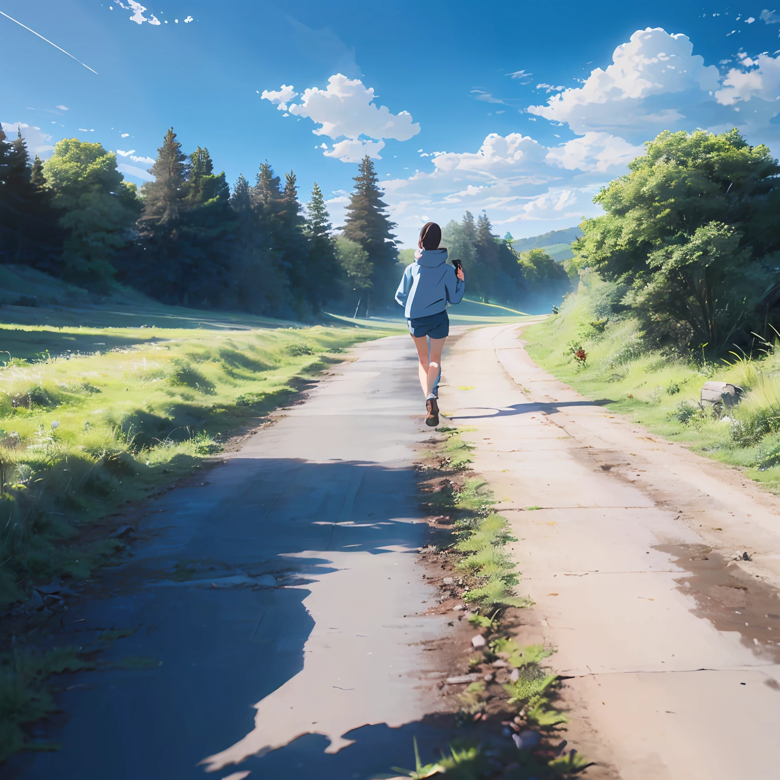 (1womanl)+(Light blue hoodie)+(cellular phone)+(country road)+(with blue sky and white clouds)+(Dense woods)+(Photographing the scenery ahead)+(Light footsteps) --auto