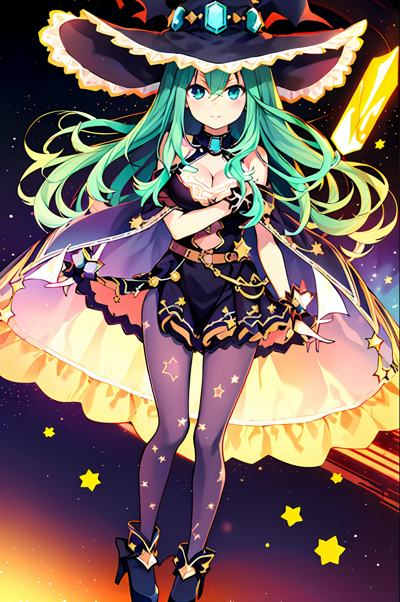 (masterpiece:1.1, best quality, highly detailed), dynamic angle, 1girl, standing, medium breasts, natsumi adult spirit, space, stars, galaxy, nebula, floating, witch, magic circle, stars pattern, sparkles, glitter