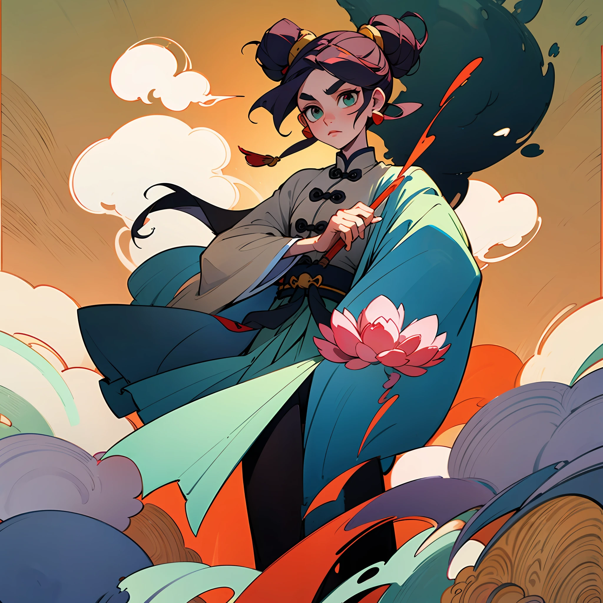 A beautiful Chinese girl, wearing peony hair accessories, wearing ancient Chinese clothing, beautiful details, rich light, beautiful female body, lancet eyebrow, meticulous eyes, flowing skirt, floating clouds, watercolor, ink painting, harmonious and unified tone, Xin Qi rendering, perfect art, fresh color background, ancient Chinese artist Qiu Ying style, soft shadow, Clean sharp focus, cinematography, center composition, poster design, cinematography, Panorama, 32K, -- v 6 --auto