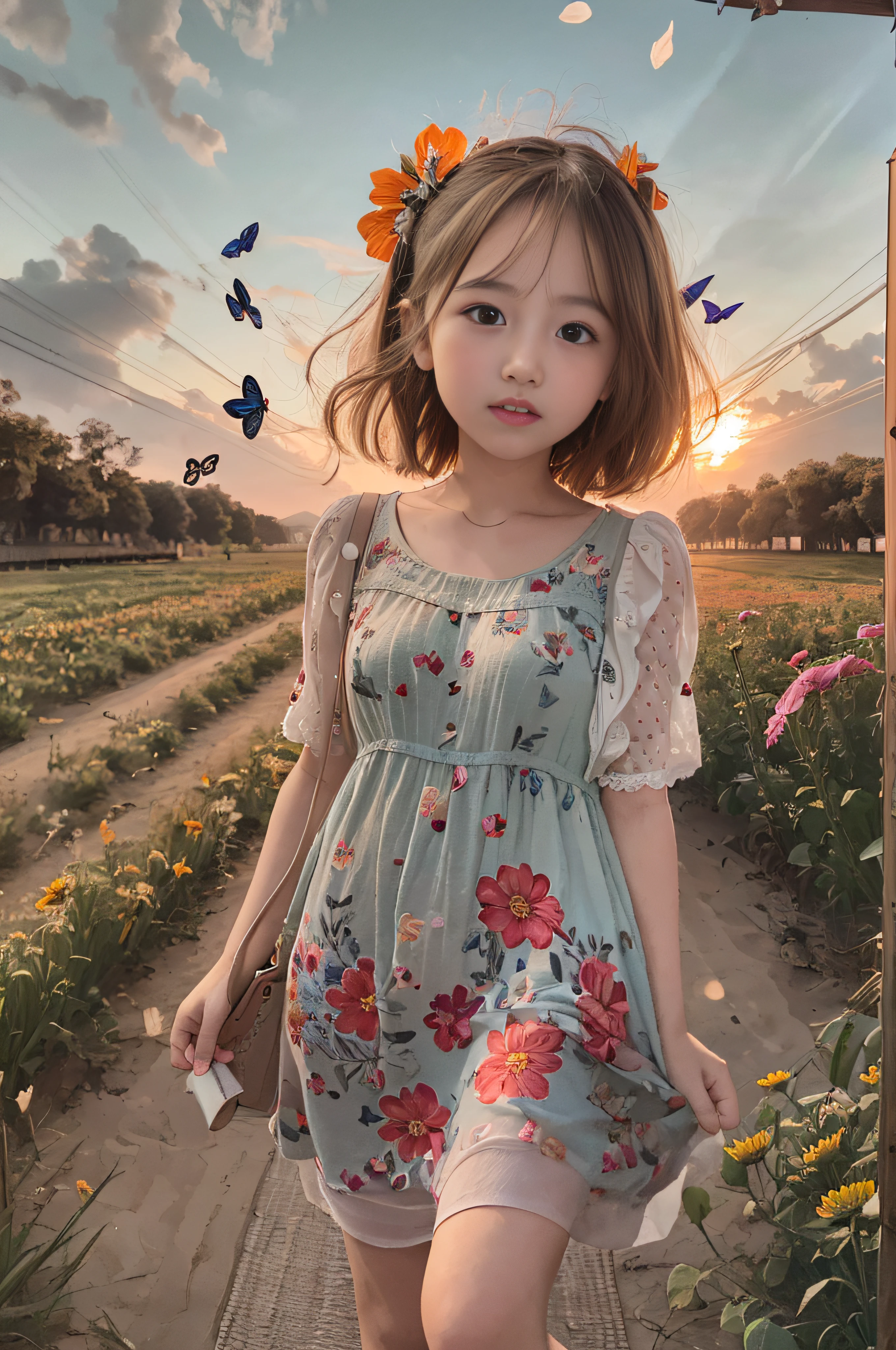 High Detail, Ultra Detail, 8K, Ultra High Resolution A cute and innocent girl, toddlerenjoying her time in the open field, surrounded by the beauty of nature, warm sun sprinkling on her, wildflowers gently swaying in the breeze. Butterflies and birds flutter around her, adding to the playful atmosphere,