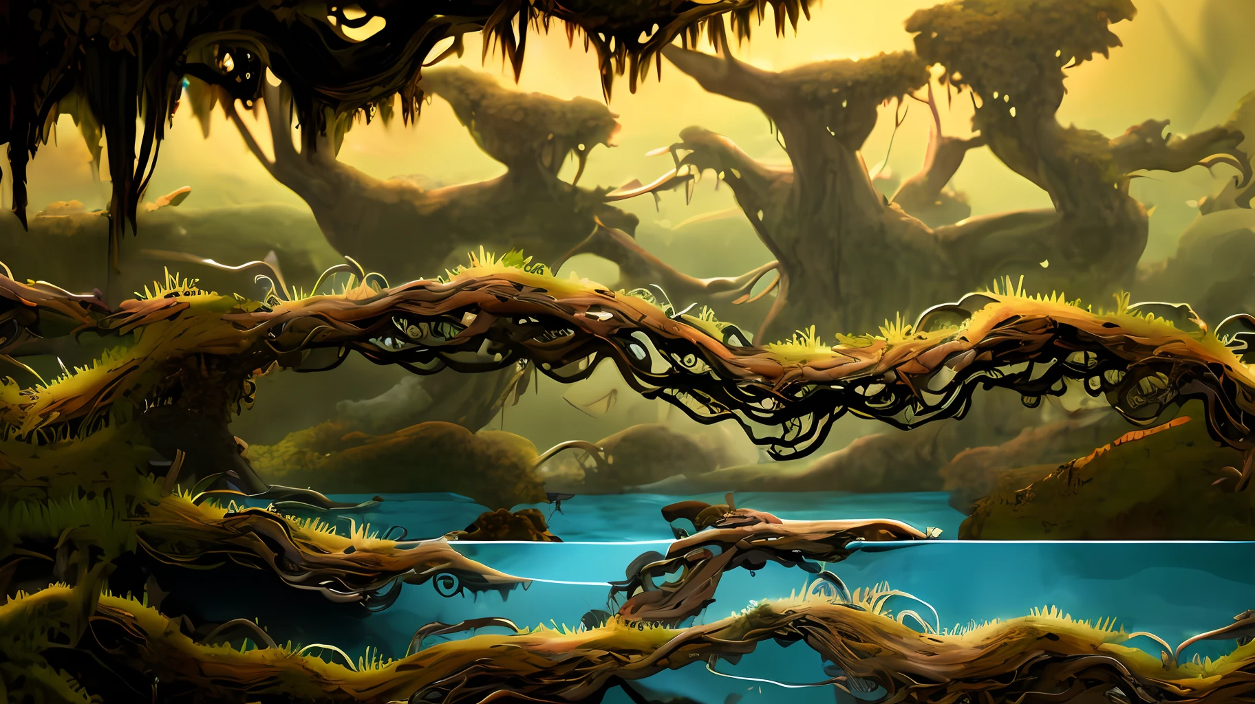 Dead vine old tree,Small bridges and flowing water