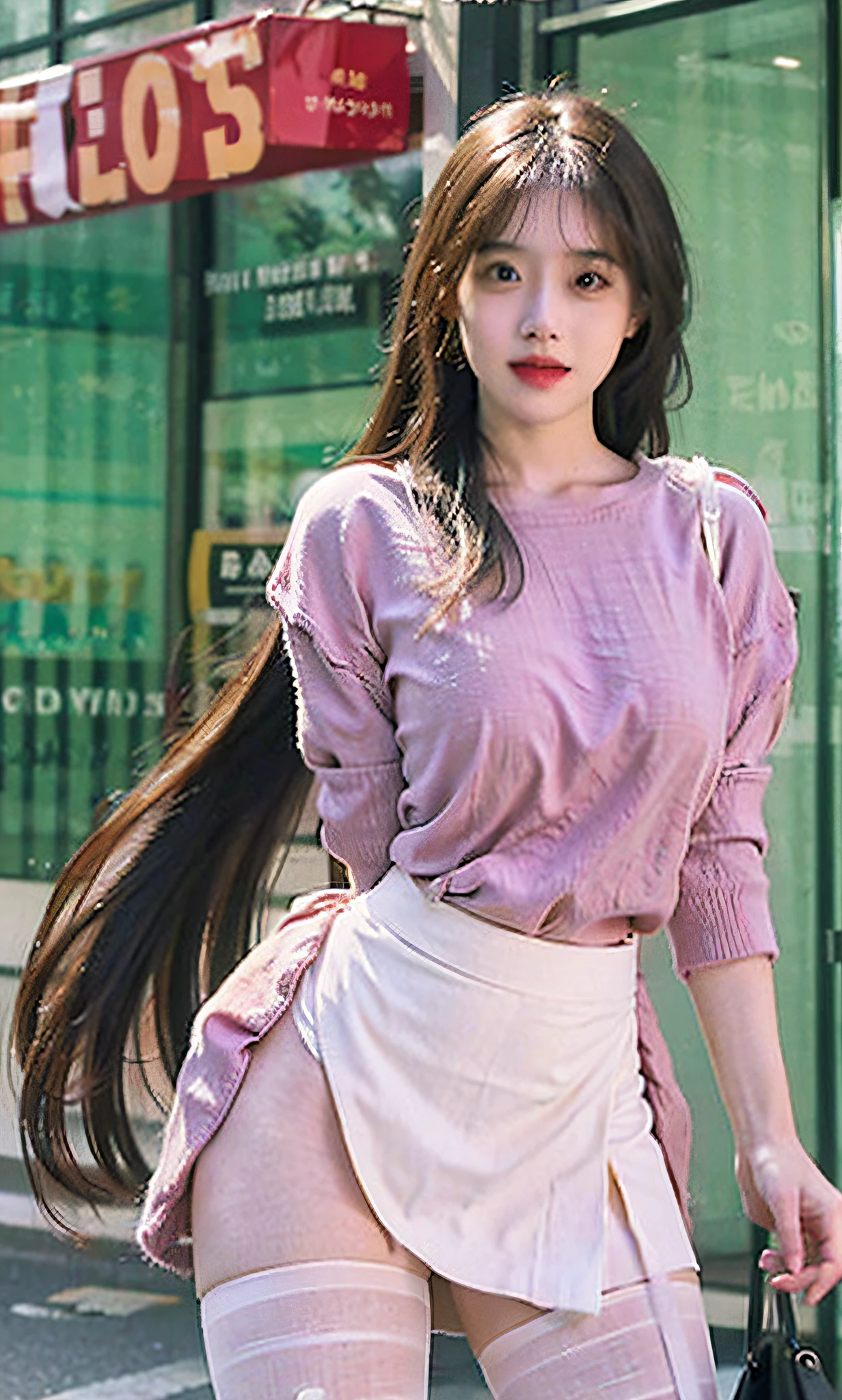 ulzang-6500-v1.1,(RAW photogr:1.2), (Photorealistic:1.4), Beautiful Meticulous Girl, Very detailed eyes and face, Beautiful detailed eyes, absurderes, unbelievable Ridiculous, hugefilesize, ultra - detailed, A high resolution, The is very detailed,best qualtiy,tmasterpiece,,illustratio,The is very detailed,CG,unified,8k 壁纸,Amazing,finely detailled,tmasterpiece,best qualtiy,greatly detailed的 CG unified 8k wallpapers,light in face,cinmatic lighting, 1girll, ,Long white hair,lateral division,(large tities),((No panties)),(wears glasses),(((dynamicposes))),(((sexyposture))),(Half-body),((White pantyhose)),(((Apricot skirt wrapped around hips))),White color blouse