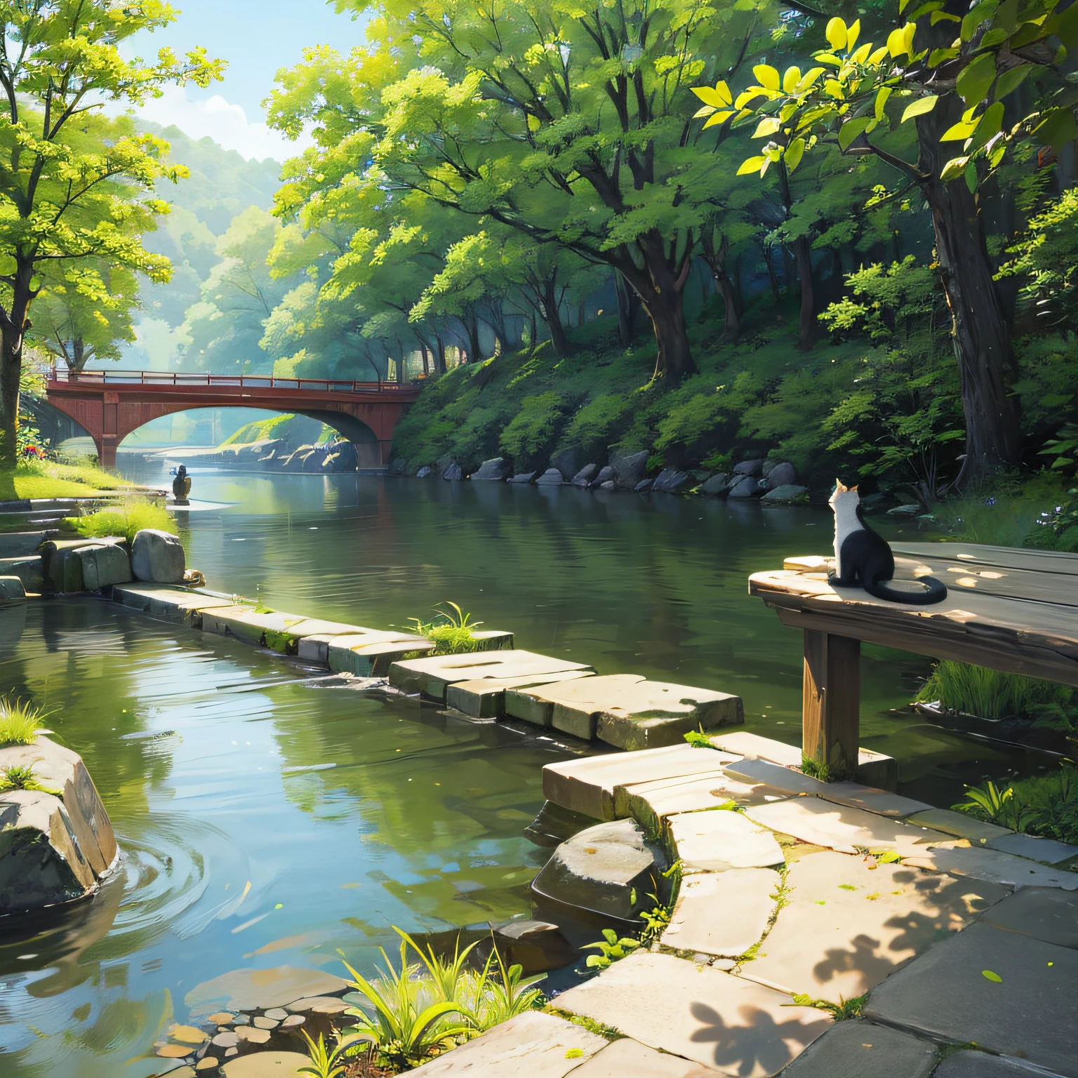 Morning,dense with greenery,Pebble road,An American shorthair cat comfortably basks in the breeze in the sun;The small bridge flows and the water swings,Clear streams flow between sand and gravel,Tree-hung eagles hover leisurely overhead。 --auto