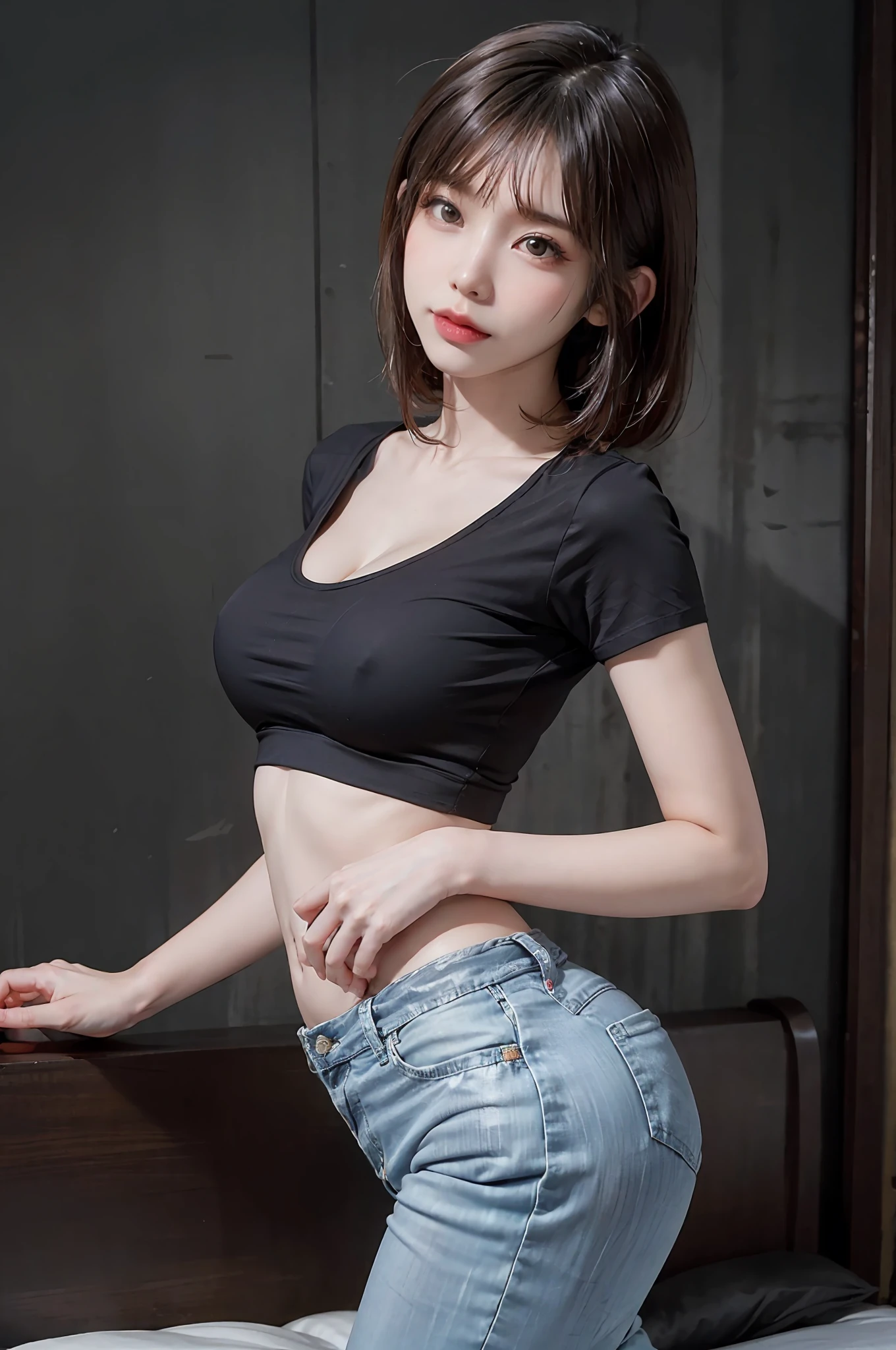 Black hair, Super Detail、sideways Facing、Looks Back、Tight shirt、tight skirts、You can see up to the feet、skinny thigh、perfect hand、perfect foot、Sexy Shots, surrealism, 8K、Transverse chest