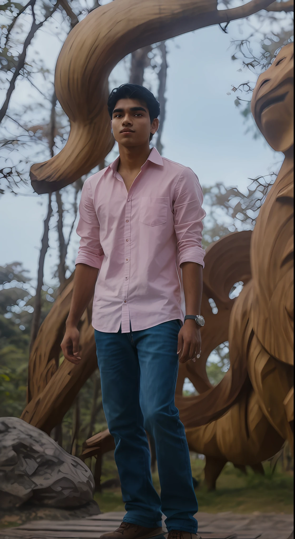 there is a man standing on a wooden platform in front of a sculpture, around 1 9 , with lovely look, very very low quality picture, candid picture, profile pic, very artistic pose, in front of a forest background, very clear picture, ayan nag, candid photo, real picture taken in zoo, high quality upload, jayison devadas
