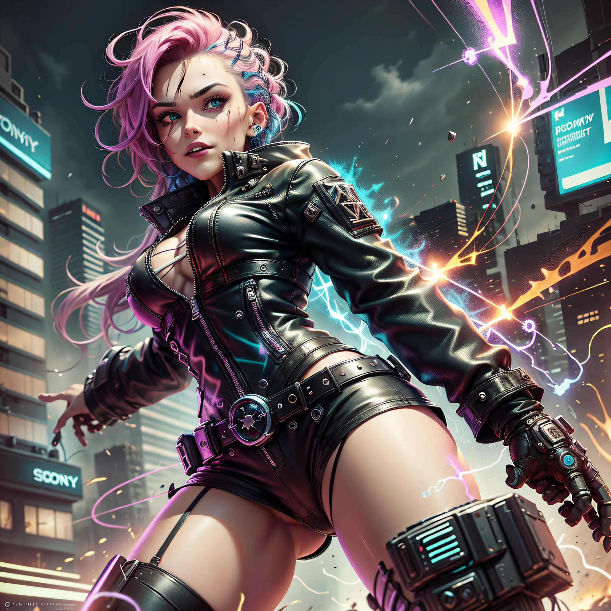 (extremely detailed, best quality, masterpiece) Cyberpunk Ghost Train, (futuristic atmosphere, intense mood, cinematic feel), train track, smoke, (one girl:1.2), (short hair:1.1, red hair:1.2, robotic:1.3), (clothes:1.1, leather jacket:1.2, cyberpunk aesthetic:1.3), (weapon:1.1, energy rifle:1.2), (wires:1.2, neon lights:1.1), (city ruins:1.2, rain:1.1, heavy fog:1.2), (vaporwave:1.1, cyber glitch:1.2), (motion blur:1.1, dynamic perspective:1.2, intense shadow:1.1). --auto