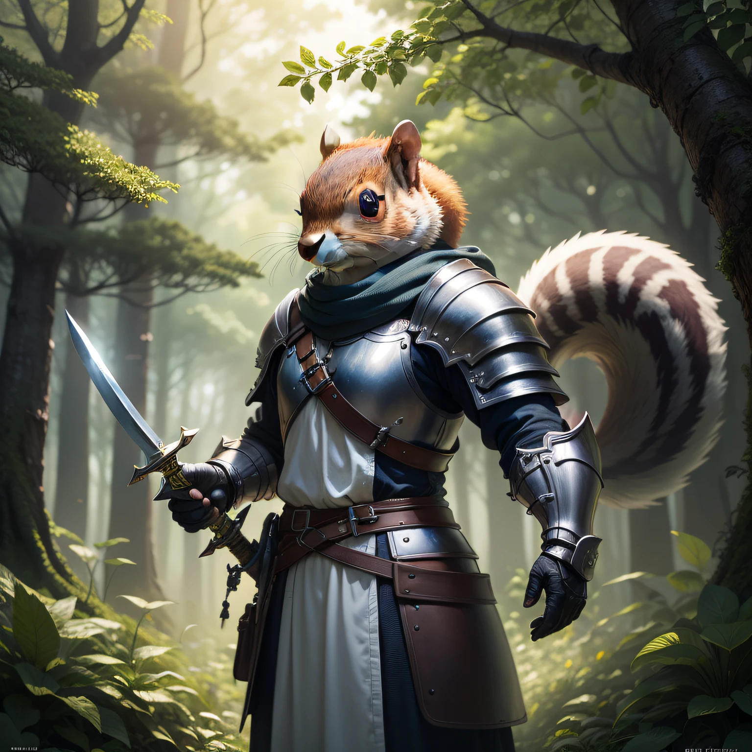 "(melhor qualidade, obra-prima), detalhes ultra-realistas, CG wallpaper with 8K resolution, a magical squirrel knight wielding a sword and magic, em um ambiente de fantasia com nuvens e floresta densa ao longe."