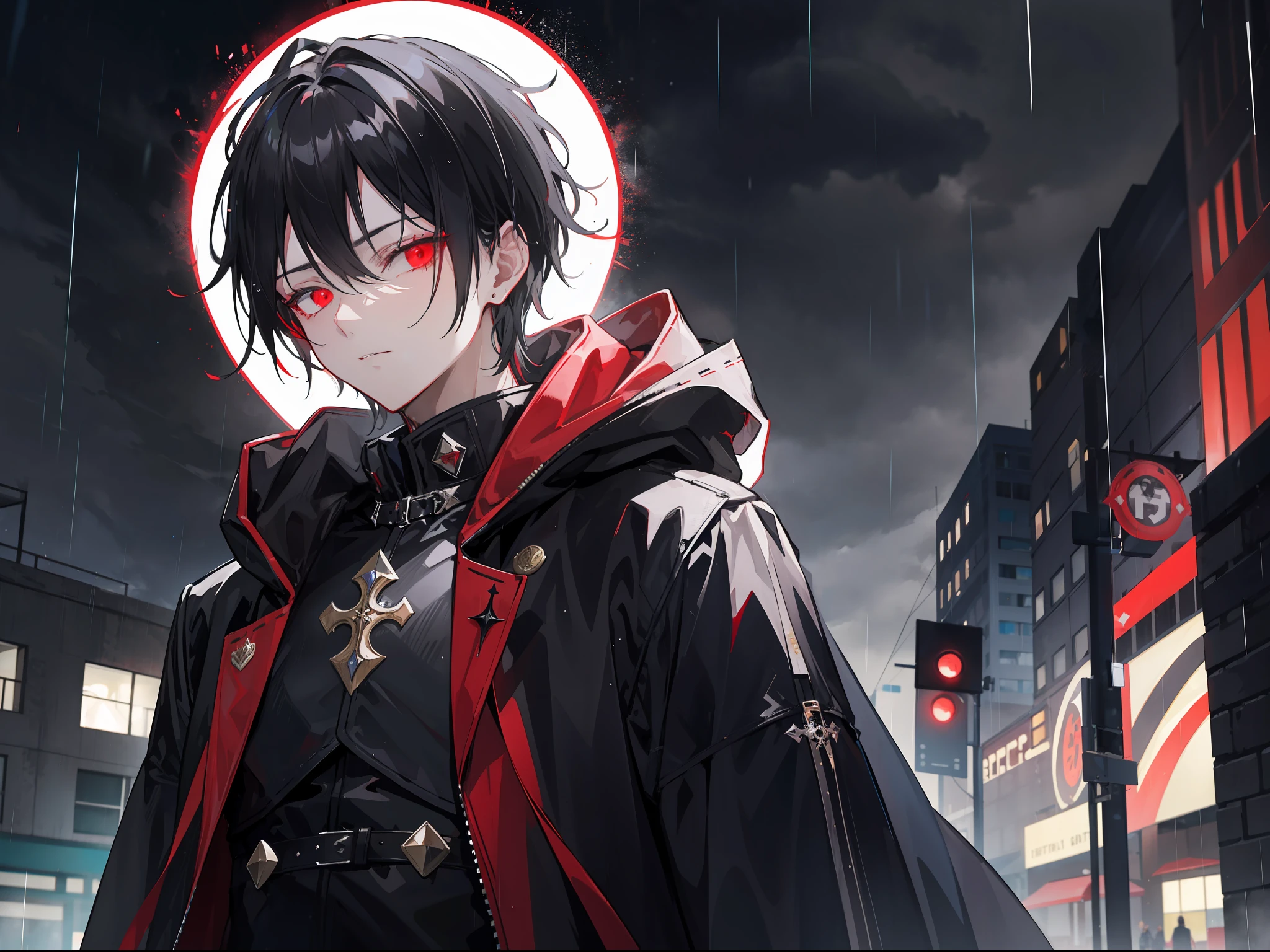 "Epic dark raining city atmosphere, stunning 4k artwork featuring a confident mature man with short modern style center split glowing black hair. His red eyes and glow in the dark. he was wearing a black sect coat with hood. He was the leader of a heretical sect"