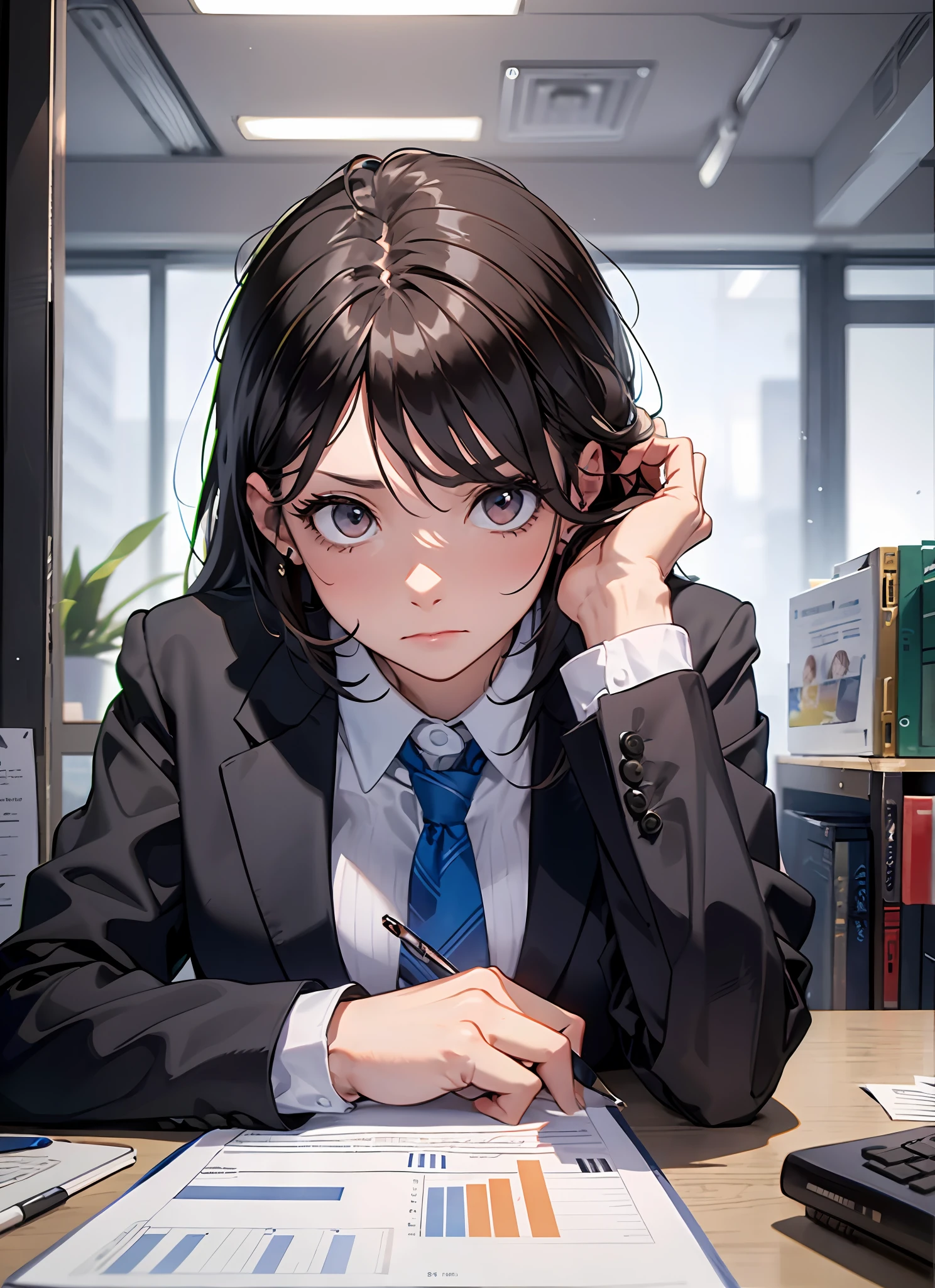 Generate an image that depicts a stressed auditor from one of the "Big 4" accounting firms. The auditor should be shown in a professional setting, such as an office or meeting room, reflecting the high-pressure environment and demanding nature of their job. Capture their expressions, body language, and the elements surrounding them to convey the stress and intensity they experience. Highlight the aspects that commonly contribute to auditor stress, such as tight deadlines, complex financial data, demanding clients, and the need for meticulous attention to detail. Ensure the image portrays the auditor's dedication and professionalism despite the challenges they face.