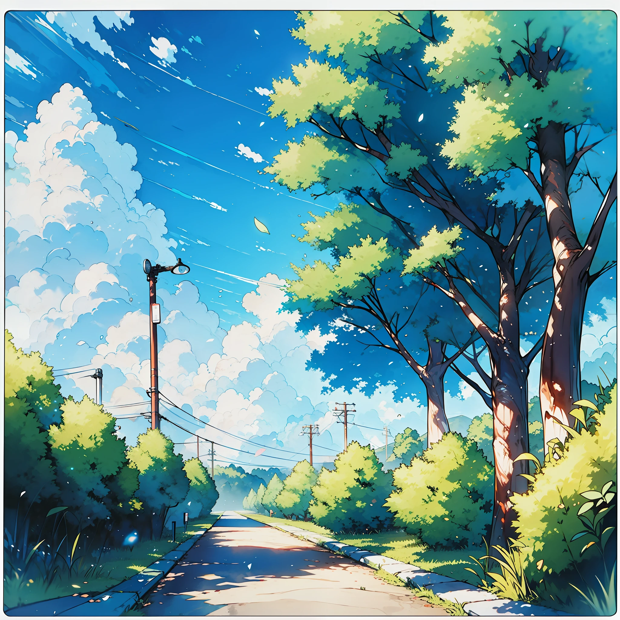 tmasterpiece,extreme picture quality,Watercolor wind,country road,with blue sky and white clouds,Trees are shady,