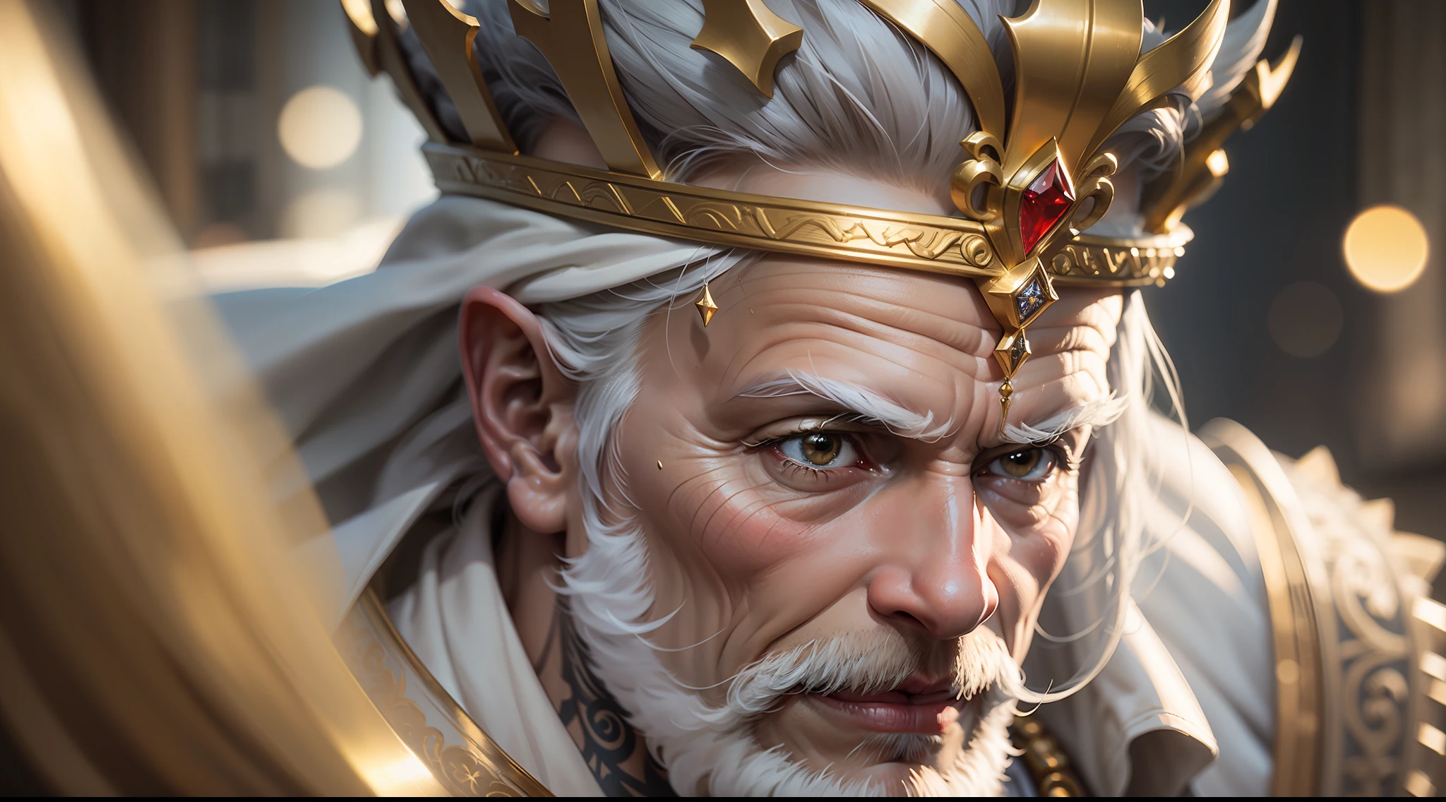 ((best quality)), ((masterpiece)), ((inked)), majestic intricately detailed soft oil painting by jim lee, close up portrait, Elderly Greek benevolent god king, wrinkled skin, (detailed white beard:1.1), bushy eyebrows, glacial eyes, (wise and kind face:1.2), gentle smile, pristine white robes,( ornate bejeweled shining golden crown:1.3), handsome, white marble pantheon background, highres, depth of field, (deep shadows:1.2), golden god rays, high detail, sharp focus, smooth, roughness, real life, backlit, dramatic warm cinematic lighting
