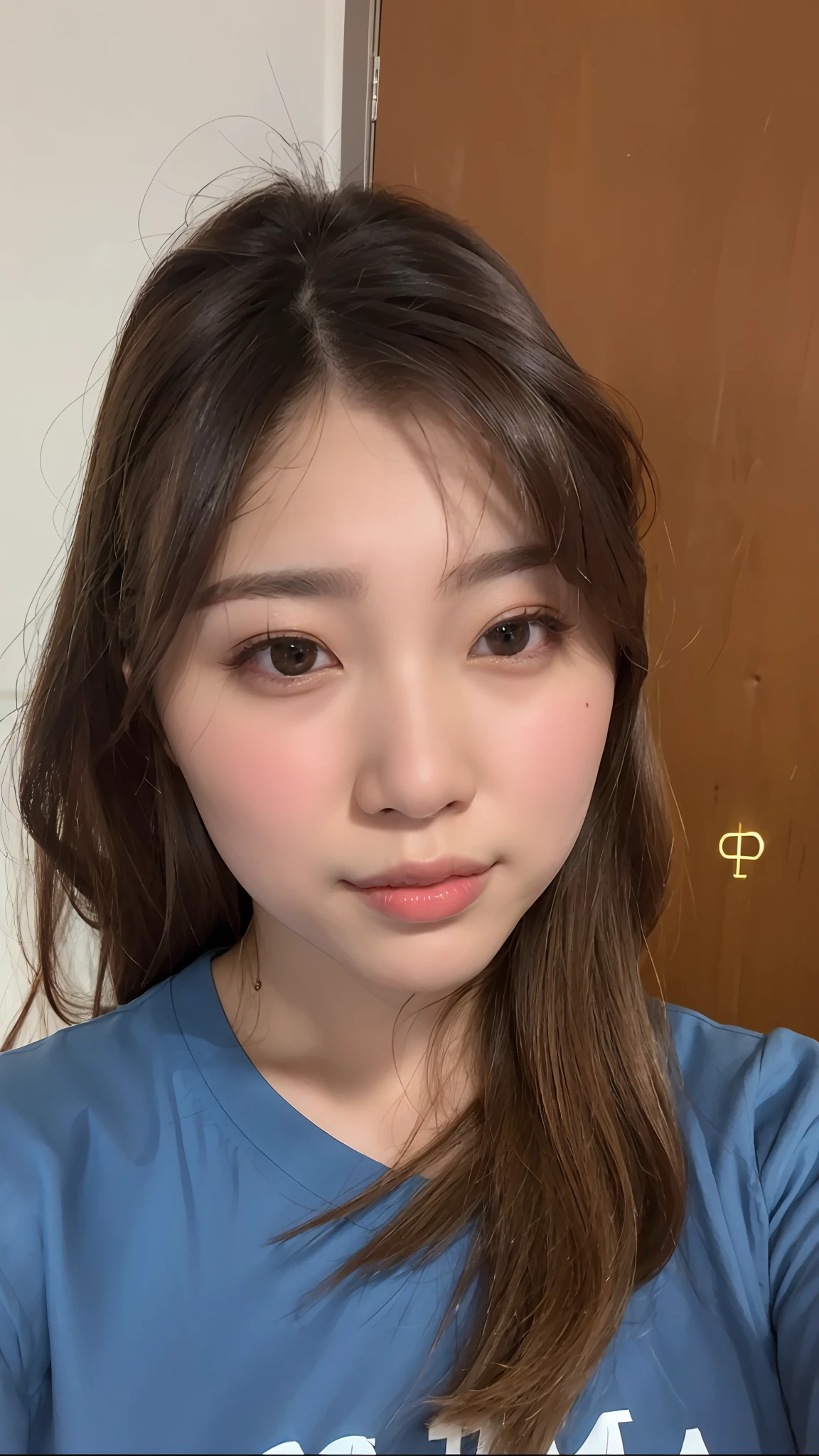 there is a woman with long hair and a blue shirt, face picture, without makeup, asian face, 2 , 2 9 years old round nose, 2 8 years old, perfect f nose, 8k selfie photograph, perfectly clear face, clear cute face, small heart - shaped face