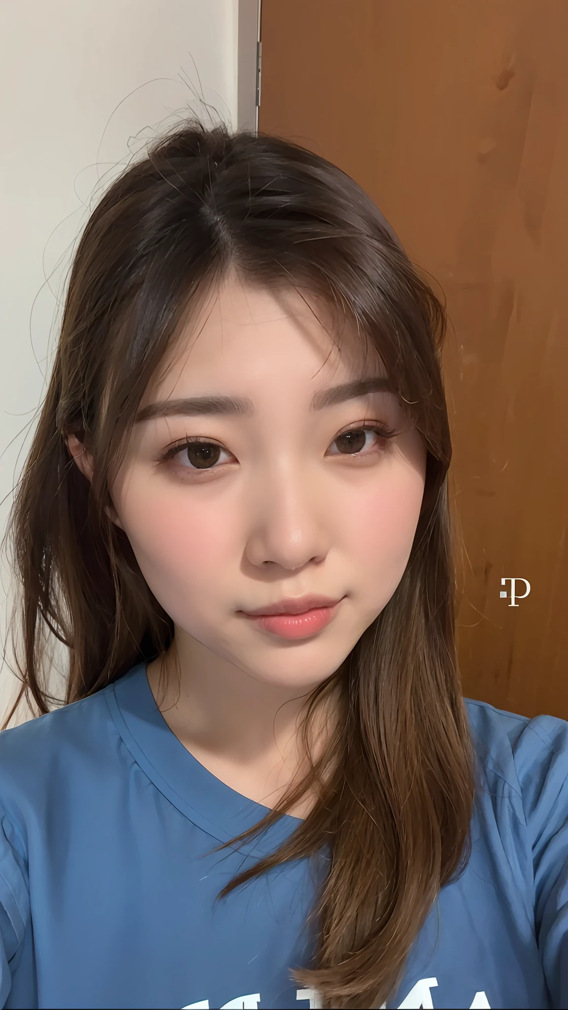 there is a woman with long hair and a blue shirt, face picture, without makeup, asian face, 2 , 2 9 years old round nose, 2 8 years old, perfect f nose, 8k selfie photograph, perfectly clear face, clear cute face, small heart - shaped face
