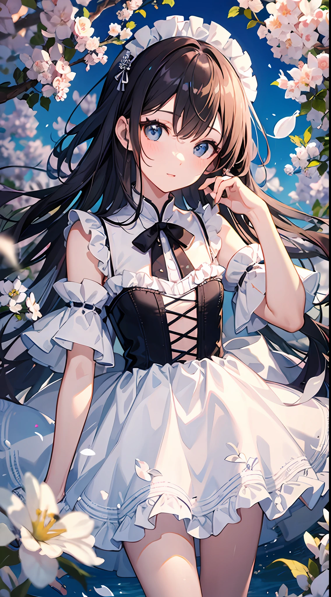 (tmasterpiece,best qualtiy:1.6),white lace dress,cowboy lens,upper legs,beuaty girl,(blossoms,Many small white petals:1.3),trpical garden,blue-sky,looking at viewert,Small waist,offcial art,RAW photogr,face illuminated,动态照明,cinmatic lighting,Ultra photo realsisim,A high resolution,photography of,Sharp focus,highest details,extremy detailed,ultra - detailed,finedetail,extremely detailed eyes and face