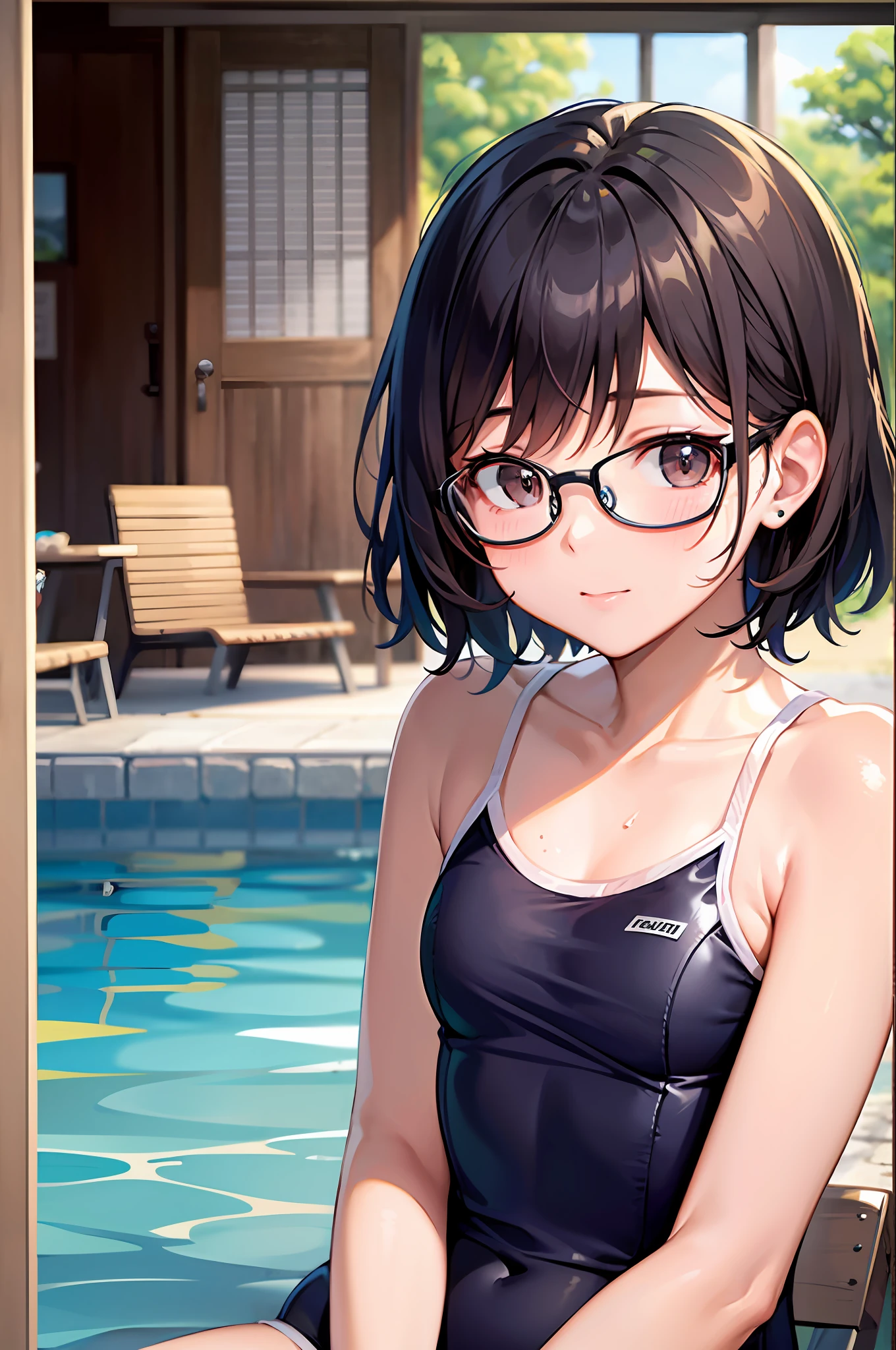 top-quality、超A high resolution、1 16-year-old girl、Short hair、Dark hair、hair adornments、eye glasses、School swim wear、Infant body type、outside of house、in poolside、sitting on