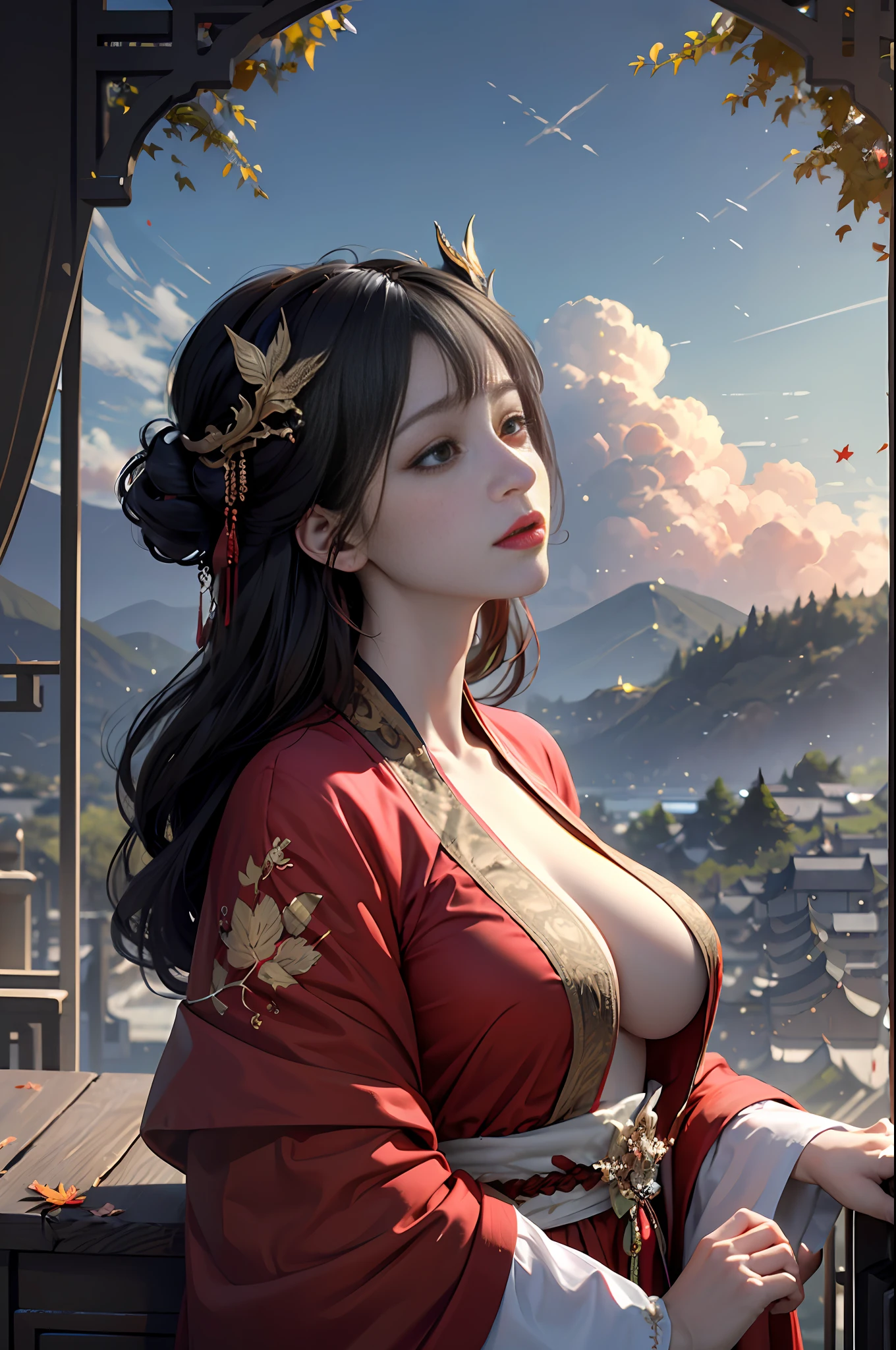 offcial art，Unity 8k壁纸，ultra - detailed，aestheticly pleasing，big breasts beautiful，tmasterpiece，best qualtiy， mistic， romanticism lain， An air of terror， literary， Artistically， Fashionab， Tang Dynasty era， decor， iintricate， embroidery，red color Hanfu，Red tulle coat，1girll，black color hair，Red hair accessories，Sad，A sense of fatalism，Bust composition，Dramatic composition，电影灯光，dynamic viewing angle，Raised sexy，full of seduction，Maple Grove，Maple leaves fall，The clouds are thick，Dramatic composition，sensual seduction