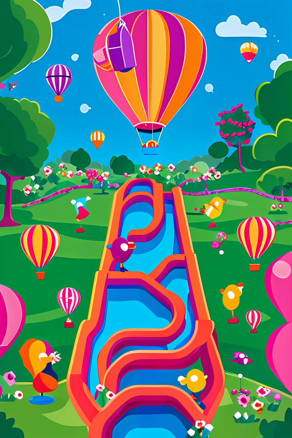 Colorful flowers and balloon birds fly around the long slide