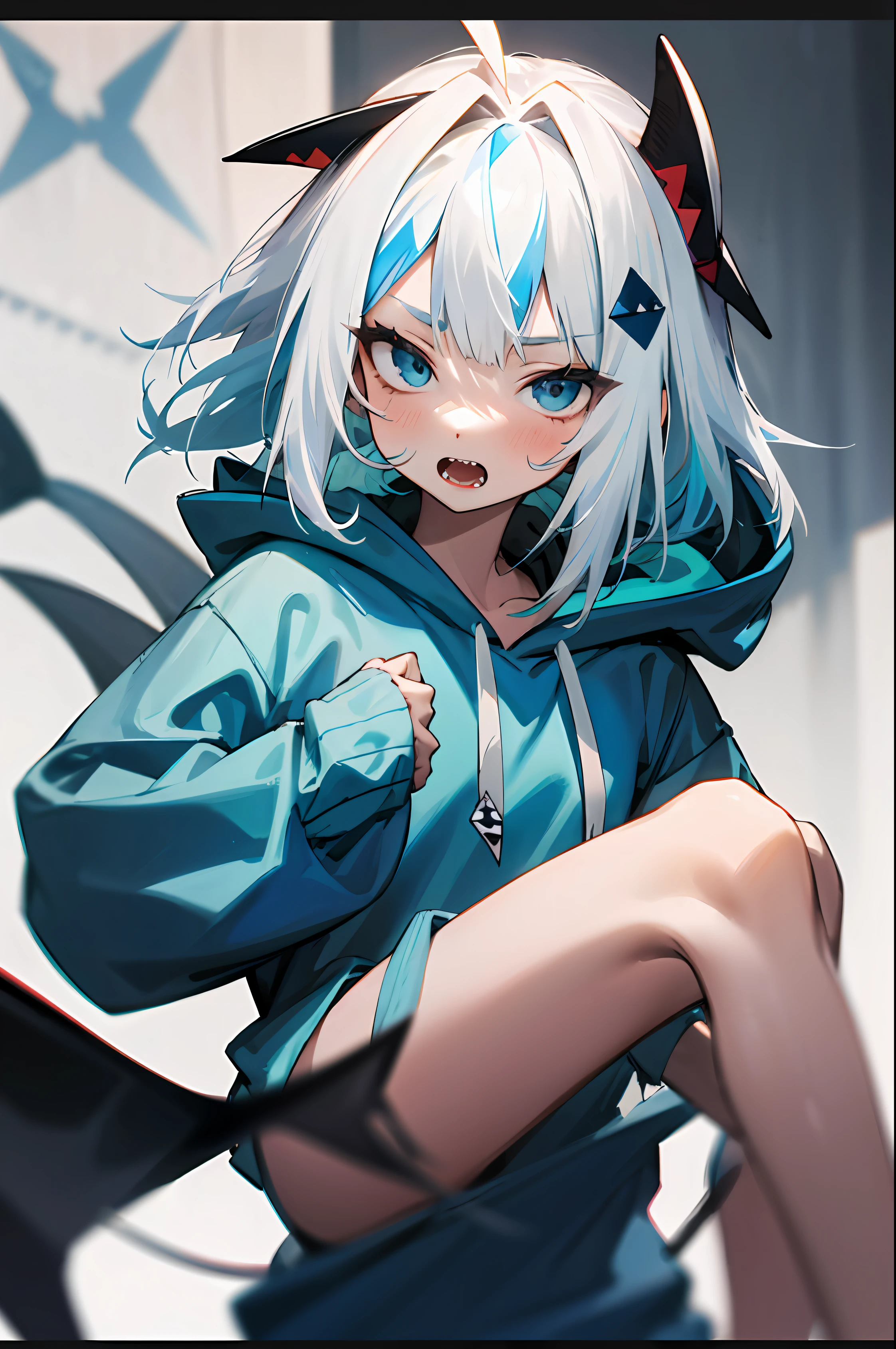 Best quality at best,Complicated details,1girll,White hair,eBlue eyes,sharp sharp eyes,dishevelled hair,Blue highlights,dentes pontiagudos,Blue hoodie,Shark tooth design,naked leg,hair adornments,gawr gura,Shark Girl,Shark tail,Shark print, Blue hoodie, dentes pontiagudos, Animal hoods, Shark hair accessories,Upper body body