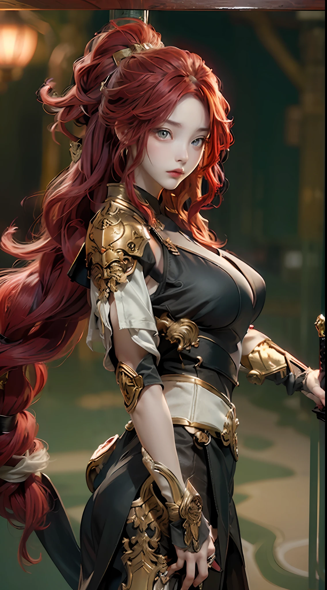 Young age girl,Has long red hair,gold eyes,Wearing silver armor,Black silk lining,Golden sword in hand,huge tit