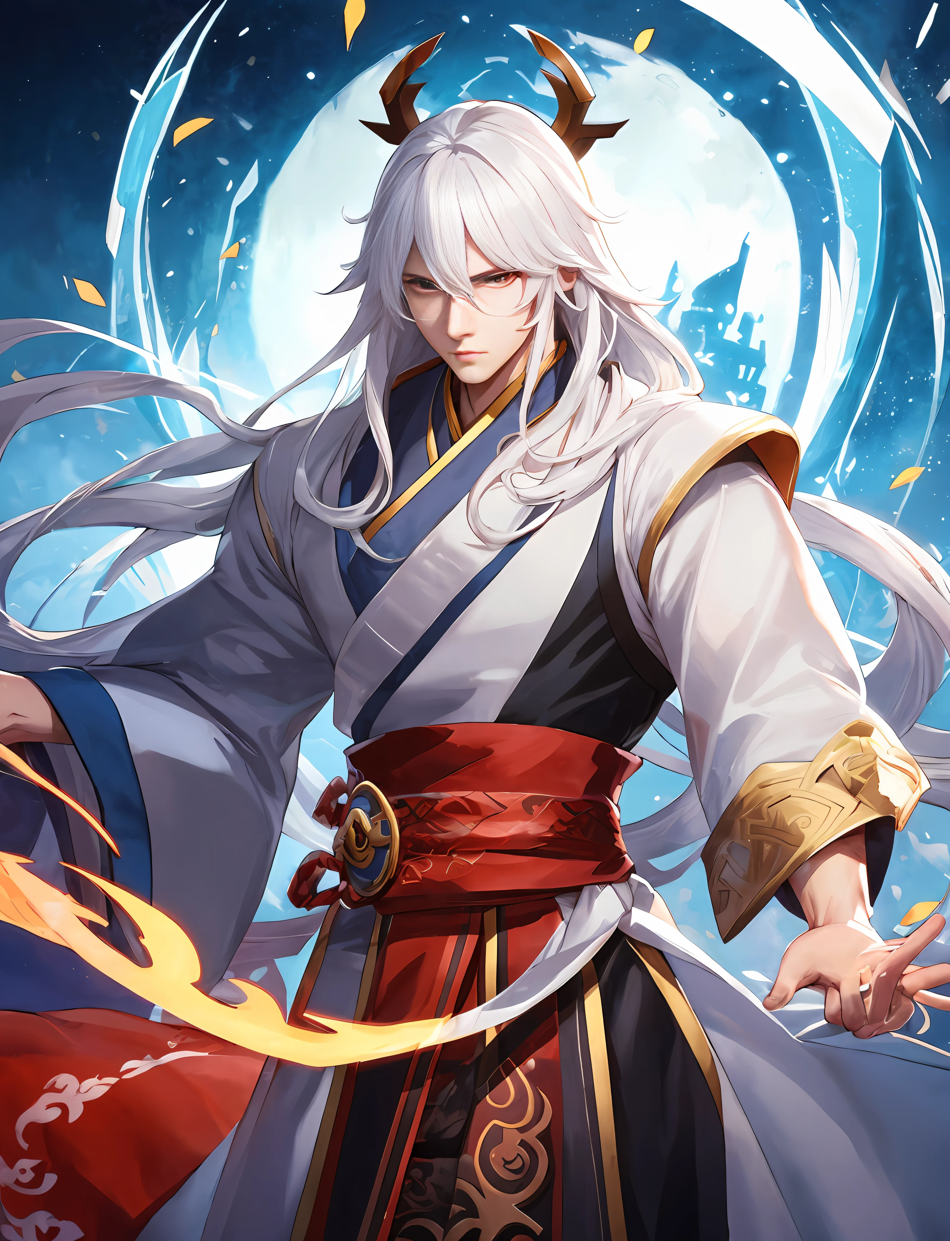 Close-up of a handsome man with white hair and a white mask，Belle peinture de personnage，Guviz，Guviz-style artwork，White-haired god，Yang J，Epic and beautiful character art，Stunning character art，FAN Qi，Wu Zhun Shifan，Guvitz at the Pixiv Art Station  ，Hands should be refined