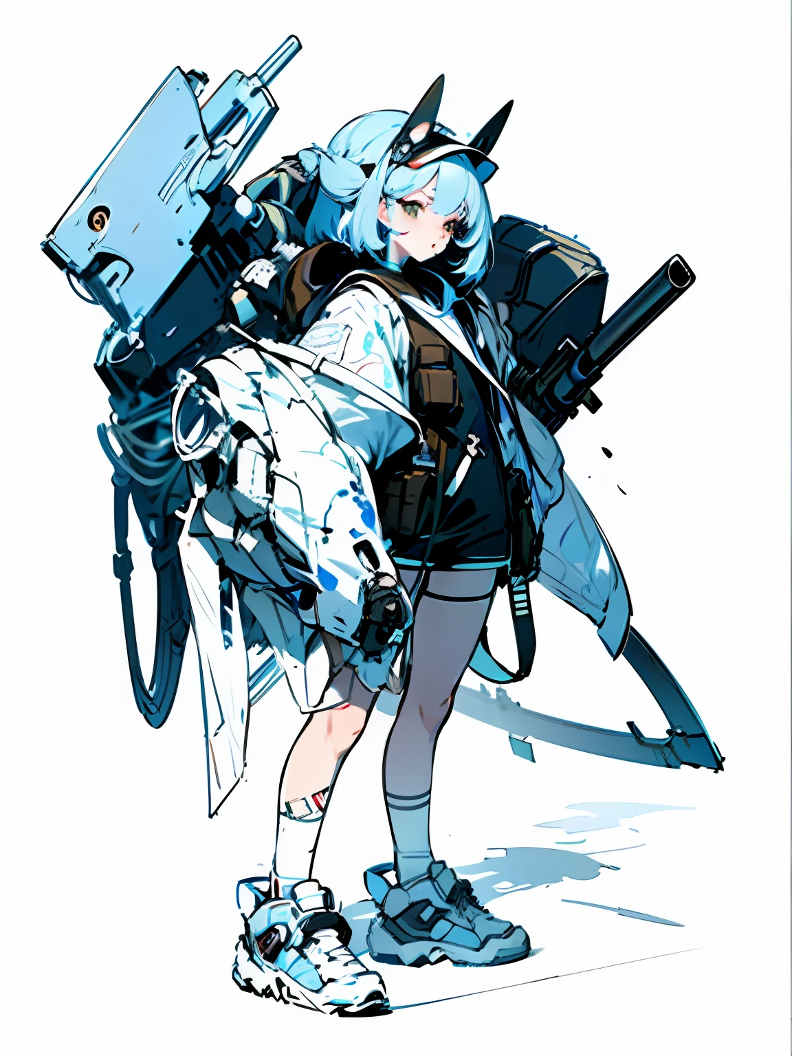 Painting of a woman with a gun and a backpack, heavy lineart, detailed full-body concept, Line sketch, Line sketch!!, hyper detailed line art, line work concept art, highly detailed sketch, Line art!!, Inspired by Masamune Shirow, lineart behance hd, mechanized soldier girl, heavy outline, perfect lineart