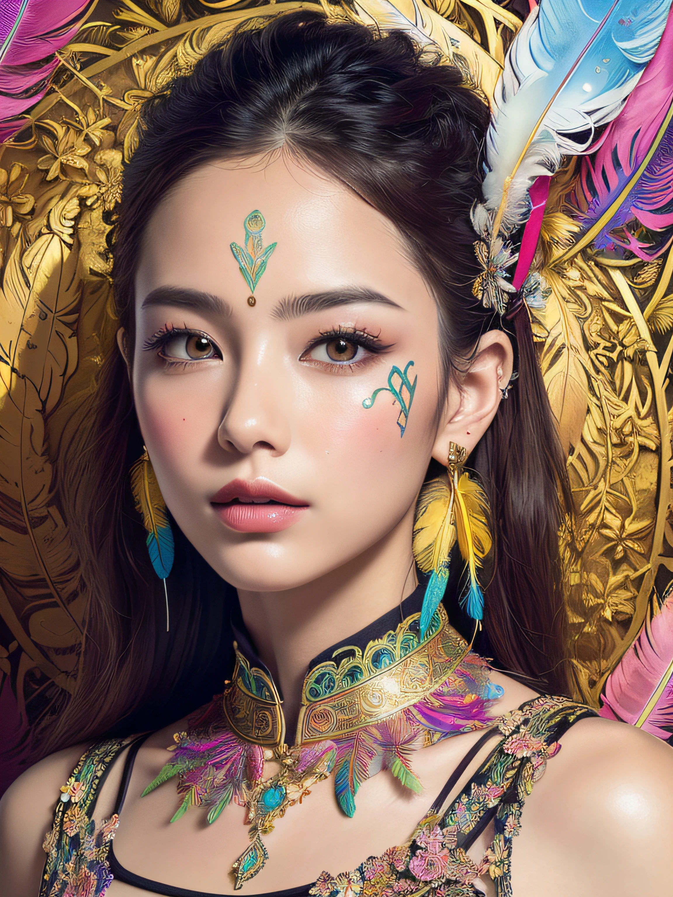 (masterpiece, top quality, best quality, official art, beautiful and aesthetic:1.2), (1girl:1.3), extremely detailed,(fractal art:1.1),(colorful:1.1)(flowers:1.3),highest detailed,(zentangle:1.2), (dynamic pose), (abstract background:1.3), (shiny skin), (many colors:1.4), ,(earrings), (feathers:1.5),chinese