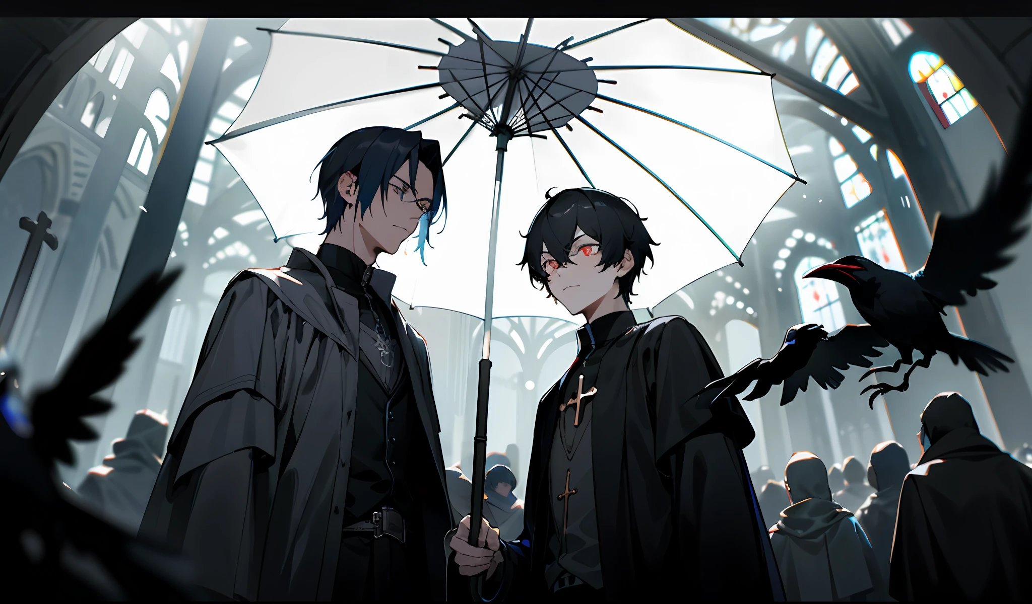 Male high school students,Umbrella in hand,The expression is cold,Handsome,Black color hair,Red and blue pupils,Rained,Condescending,Medieval church,ln the forest,Crows flying,frontage,A backlit masterpiece, best qualtiy, handsome, Fine eyes and detailed face, ,Very short hair