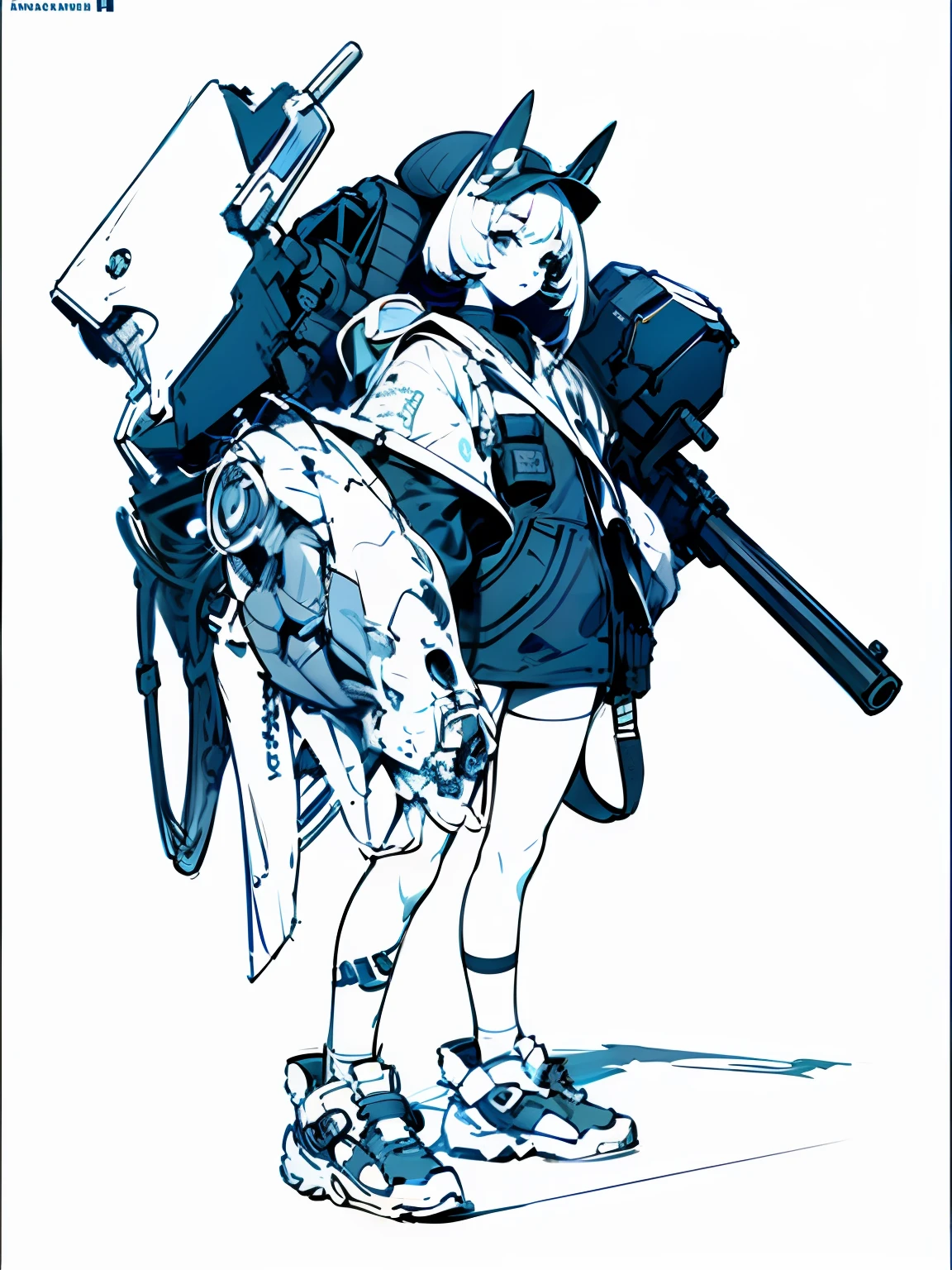 Painting of a woman with a gun and a backpack, heavy lineart, detailed full-body concept, Line sketch, Line sketch!!, hyper detailed line art, line work concept art, highly detailed sketch, Line art!!, Inspired by Masamune Shirow, lineart behance hd, mechanized soldier girl, heavy outline, perfect lineart