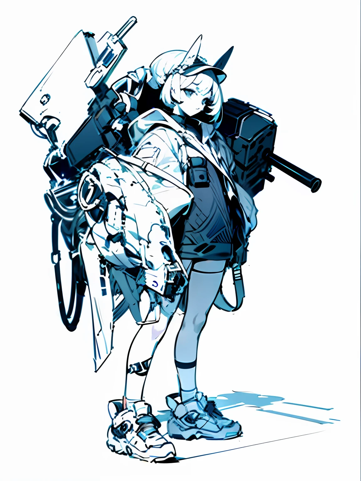Painting of a woman with a gun and a backpack, heavy lineart, detailed full-body concept, Line sketch, Line sketch!!, hyper detailed line art, line work concept art, highly detailed sketch, Line art!!, Inspired by Masamune Shirow, lineart behance hd, mechanized soldier girl, heavy outline, perfect lineart