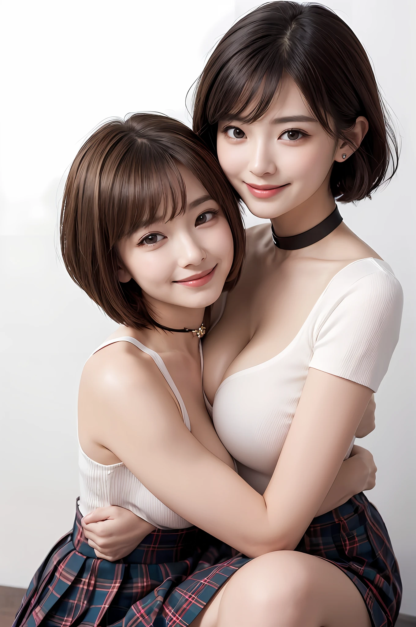 ((low angles、low angles))、Two people hugging each other happily、Two people happily cuddling together、Two people staring at the camera、Lesbian couple、Lily couple、((Two happy people))、Two beautiful adult women、masterpiece、top-quality、realisticlying、realisitic、Seductive bright smile、Both of them have short clean hair with bangs、((short clean hair))、Both have short hair、clean hair with bangs、校服、(Short pleated skirt 40cm above the knee、plaid skirts)、enticing eyes、Both have very large breasts、Both have big breasts over F cups、(cleavage of the breast)、((Immaculate white background with nothing really))、(28 year old、adult lady)、ighly detailed、Both are very tall、Both have long necks、Both of them straightened their backs.、Put your ears out、a small face、Highlights in the eyes、lipgloss、glowy skin、White-colored skin、Clean collarbone、closes mouth、Close your mouth and smile、Happily、Nice proportions、long legged、lovely、Charming and endearing、Colorful random collar shirt、Beautiful fece、spotless、Beautiful、Very mature、adult appeal、Attractive adult woman、Hug hard、Lashes、Distinct double eyelids