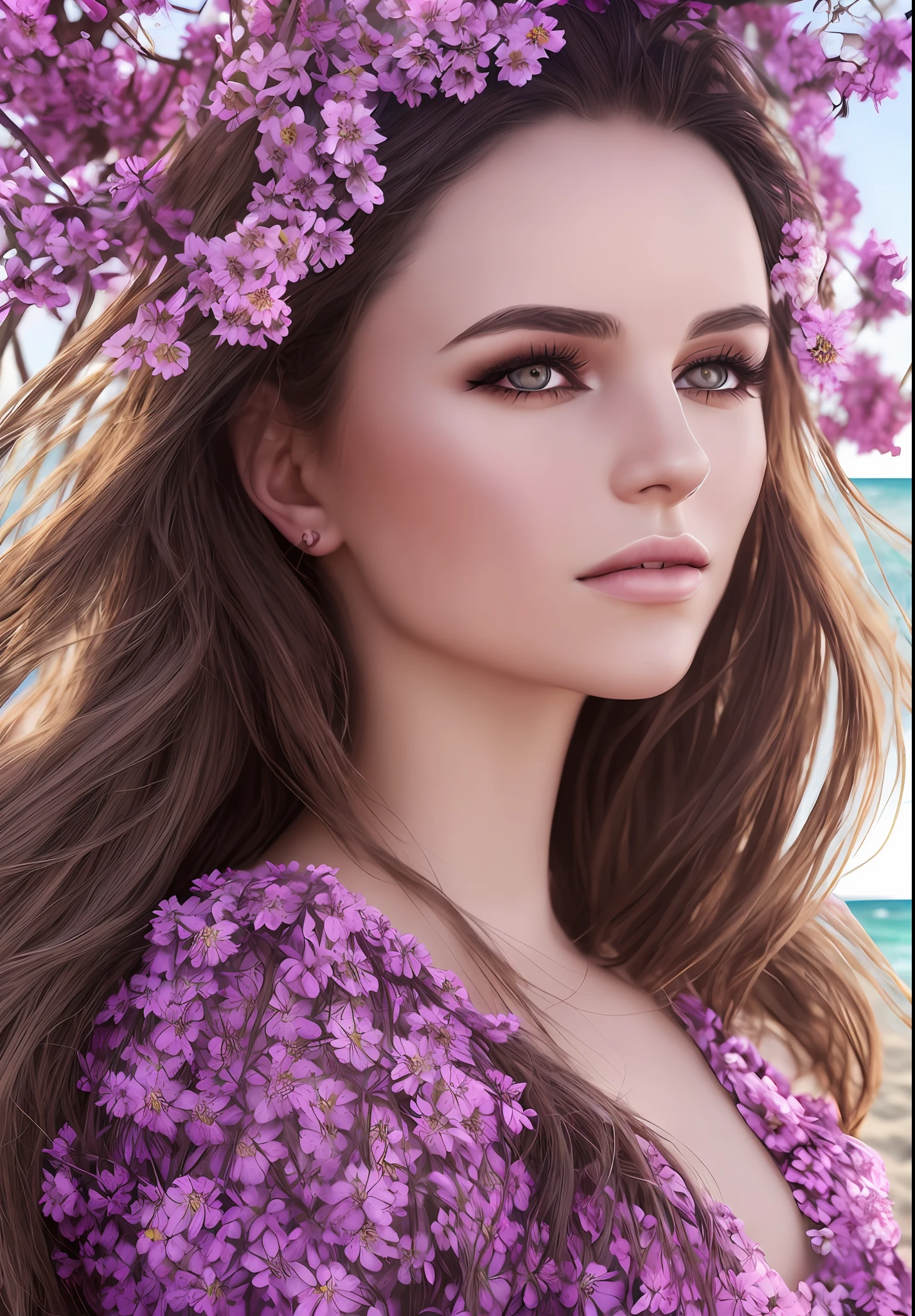 mdnn, (sharp focus:1.2), portrait, attractive young woman, (beautiful face:1.1), detailed eyes, luscious lips, (eye makeup:1.2), (tight body:1.2), wearing (flowery dress:1.2) at (the beach:1.2). (morning sun lighting:1.2), depth of field, bokeh, 4K, HDR. by (James C. Christensen:1.2|Jeremy Lipking:1.1).