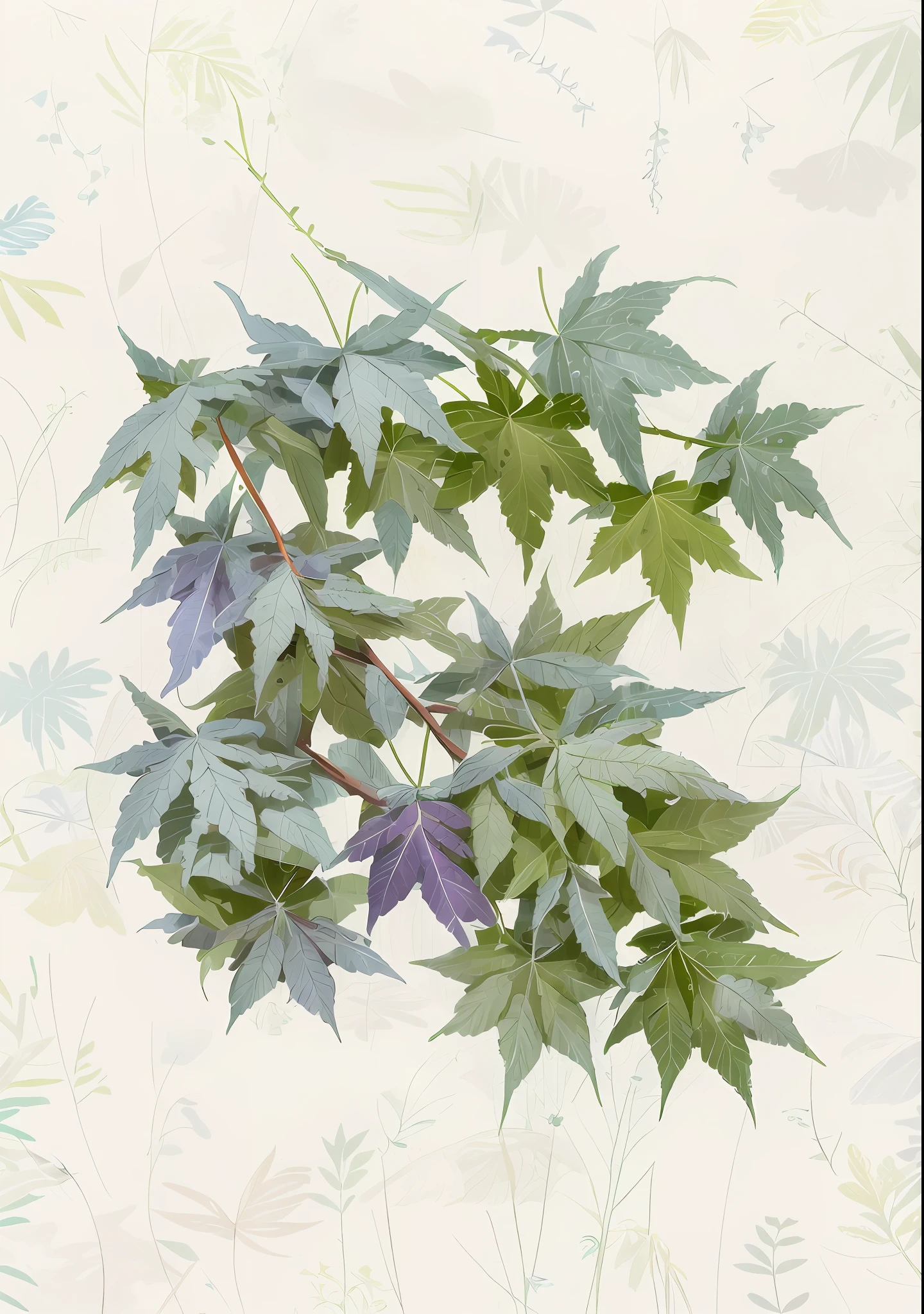 There are many leaves of plants on the branches, Colorful weed leaves, Japanese maple, Colorful leaves, Canadian Maple Leaf, translucent leaves, Beautiful image, botanical photo, botanical artwork, botanical art, author:Hasegawa Setan, many leaves, autumn maples, author:Hasegawa Tohaku, leaves foliage and stems