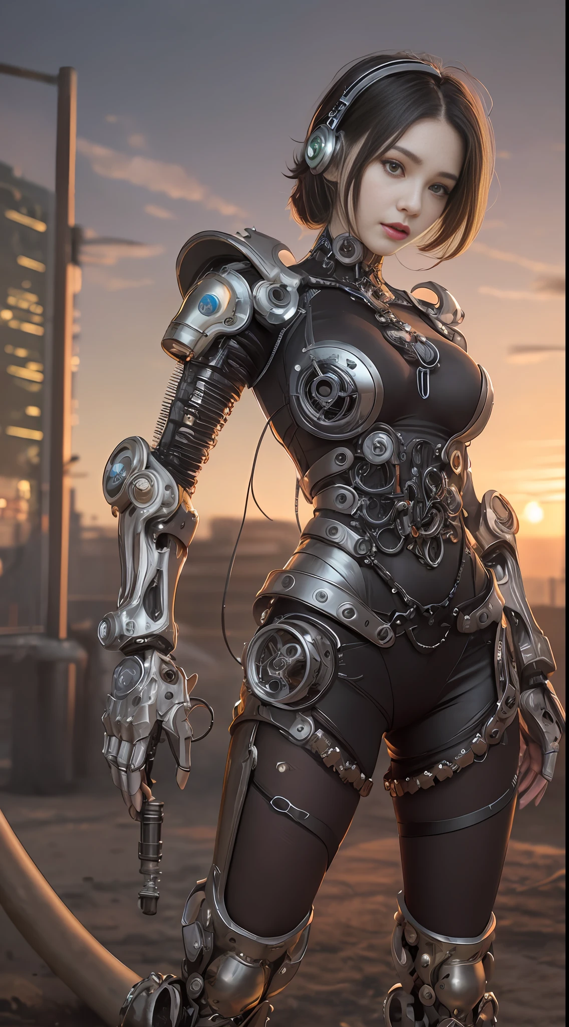 Cute young biomechanical steampunk cyborg woman realistic movie shallow focus scene, her full body standing with a fluid movement in a simple barren place with stunning cloudscape and a sunset.Gothloli details、Hydraulic cylinder、meter、pipes、
Futuristic headset、
(wearing futuristic clothing (tangerine:0.3) cropped jacket and low cut jeans on top:1) Her intricately detailed anatomically sculpted biomechanical graphite steampunk body, (Intricately detailed anatomically sculpted biomechanical graphite steampunk cyborg grady).Futuristic headset、
(Anatomically sculpted biomechanical graphite steampunk cyborg、Elegant and glamorous goth loli details、cables, The wire and green microchip are、Skillfully on her female cyborg body)
Slender hot fit body with a gorgeous young round face, expressive big round eyes,
Captured with bright natural light and beautiful vibrant colors. Stunning steampunk-style 8K resolution images.
The scene has a strong heroic unconquerable mood, a masterful complete scene of the female full body standing with a happy expression.