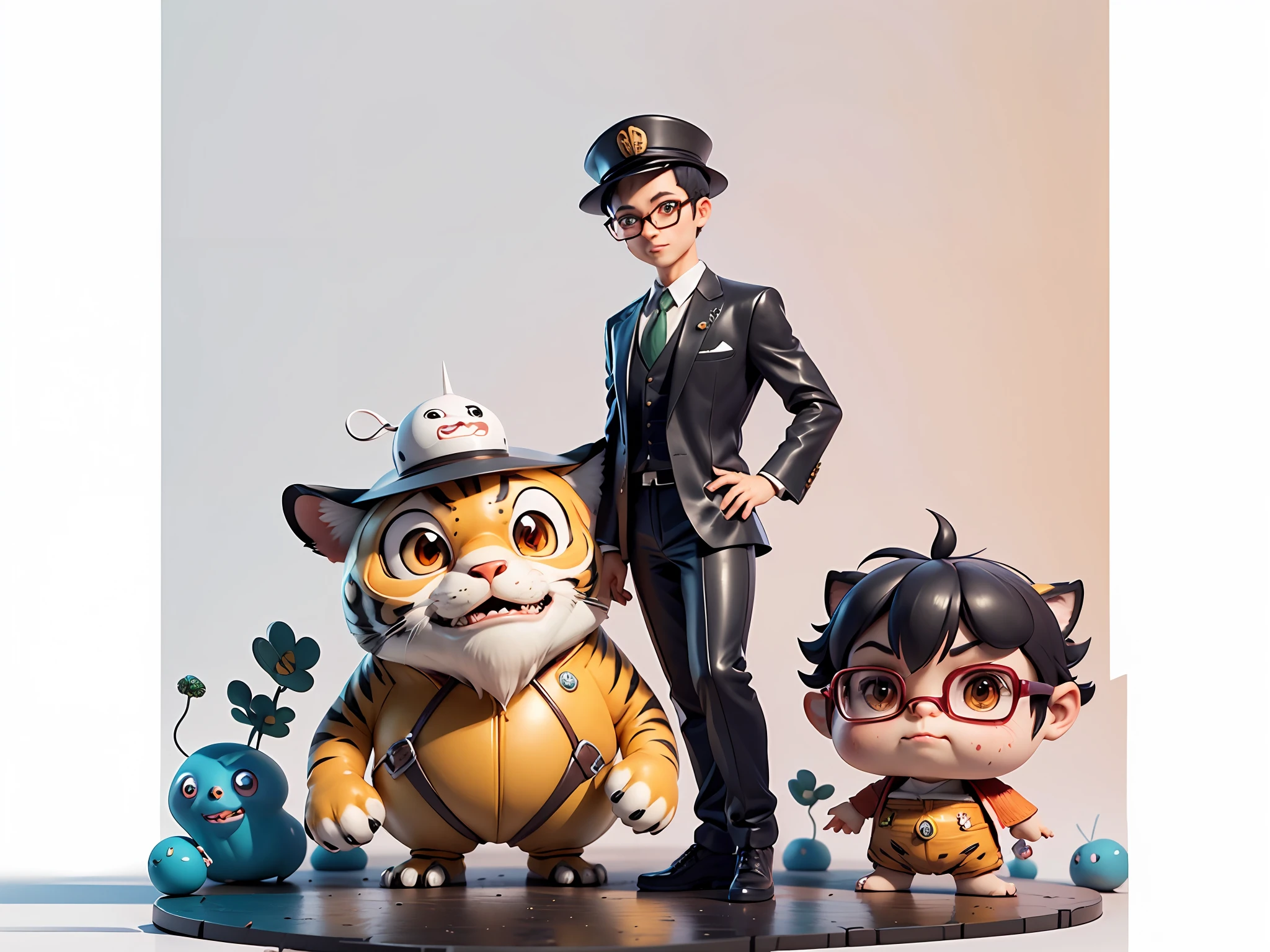 Young man with oriental face in leather hat, tiger, oriental face in formal suit, short black hair, silver glasses, digital painting, 3D character design by Mark Clairedon and Pixar and Hayao Miyazaki and Akira Toriyama, the illustration is a high-definition illustration in 4K resolution with very detailed facial features and cartoon-style visuals.